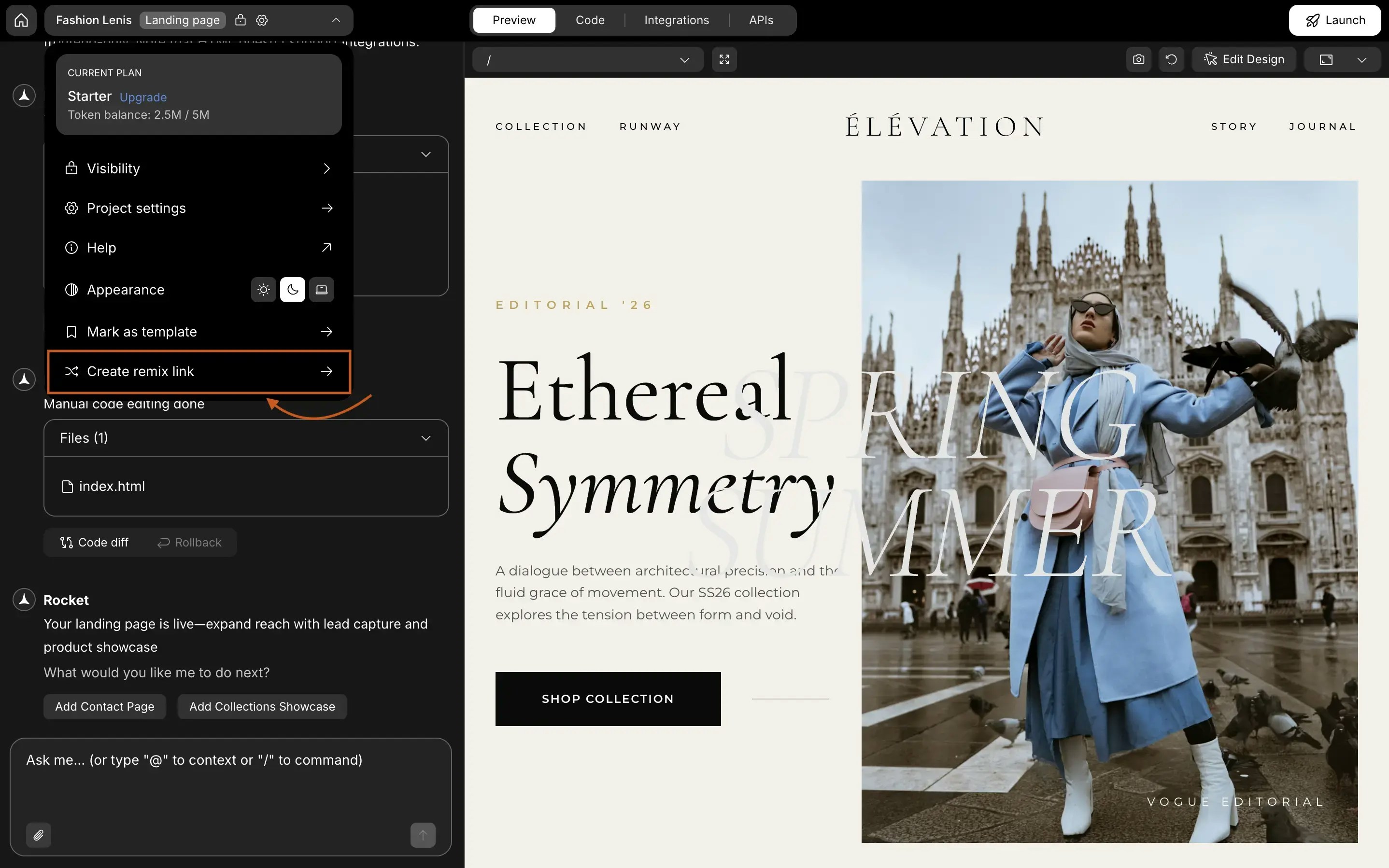 Left sidebar menu showing CURRENT PLAN at top, followed by menu options: Visibility, Project settings, Help, Appearance, Mark as template, and Create remix link highlighted.