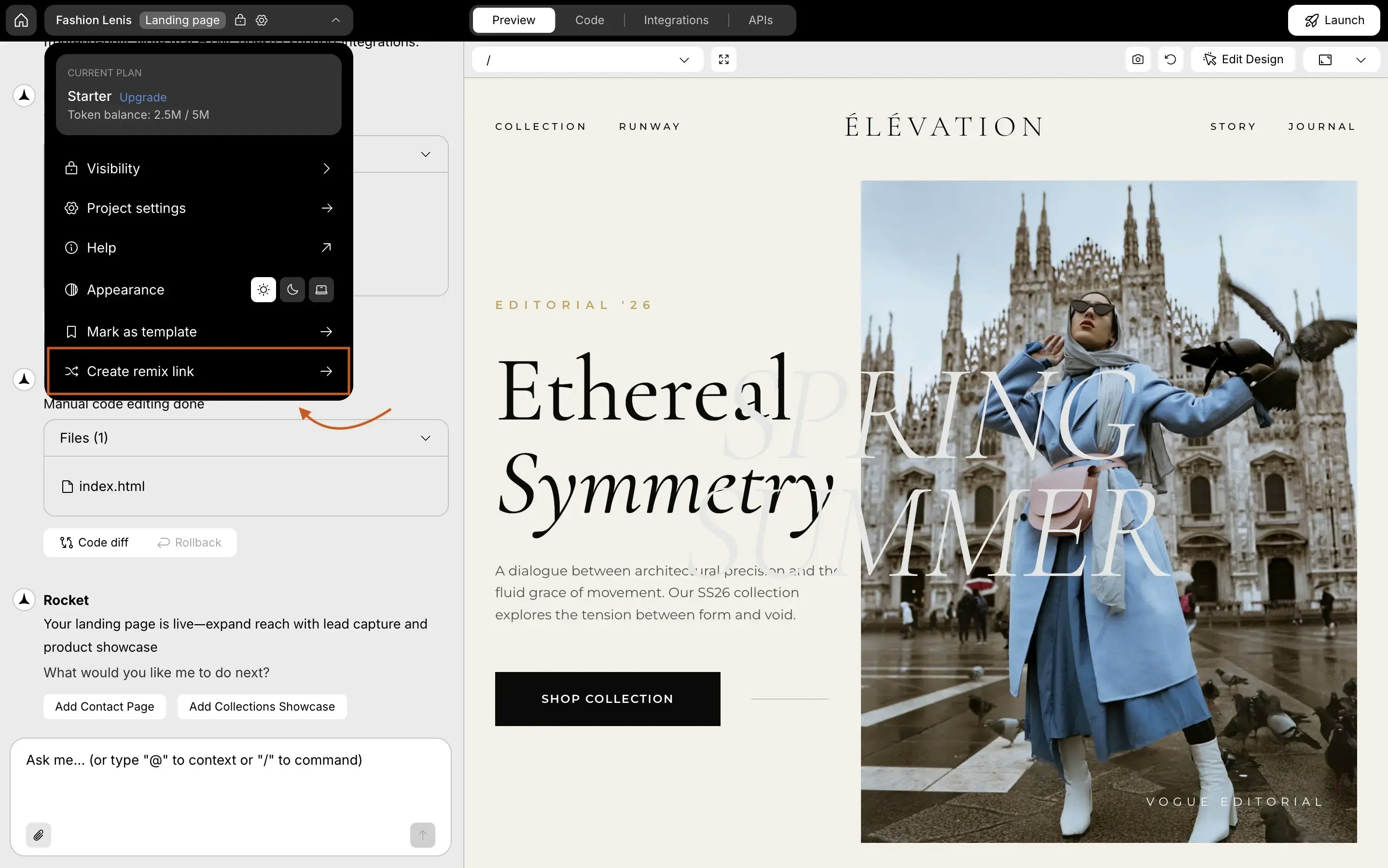 Left sidebar menu showing CURRENT PLAN at top, followed by menu options: Visibility, Project settings, Help, Appearance, Mark as template, and Create remix link highlighted.