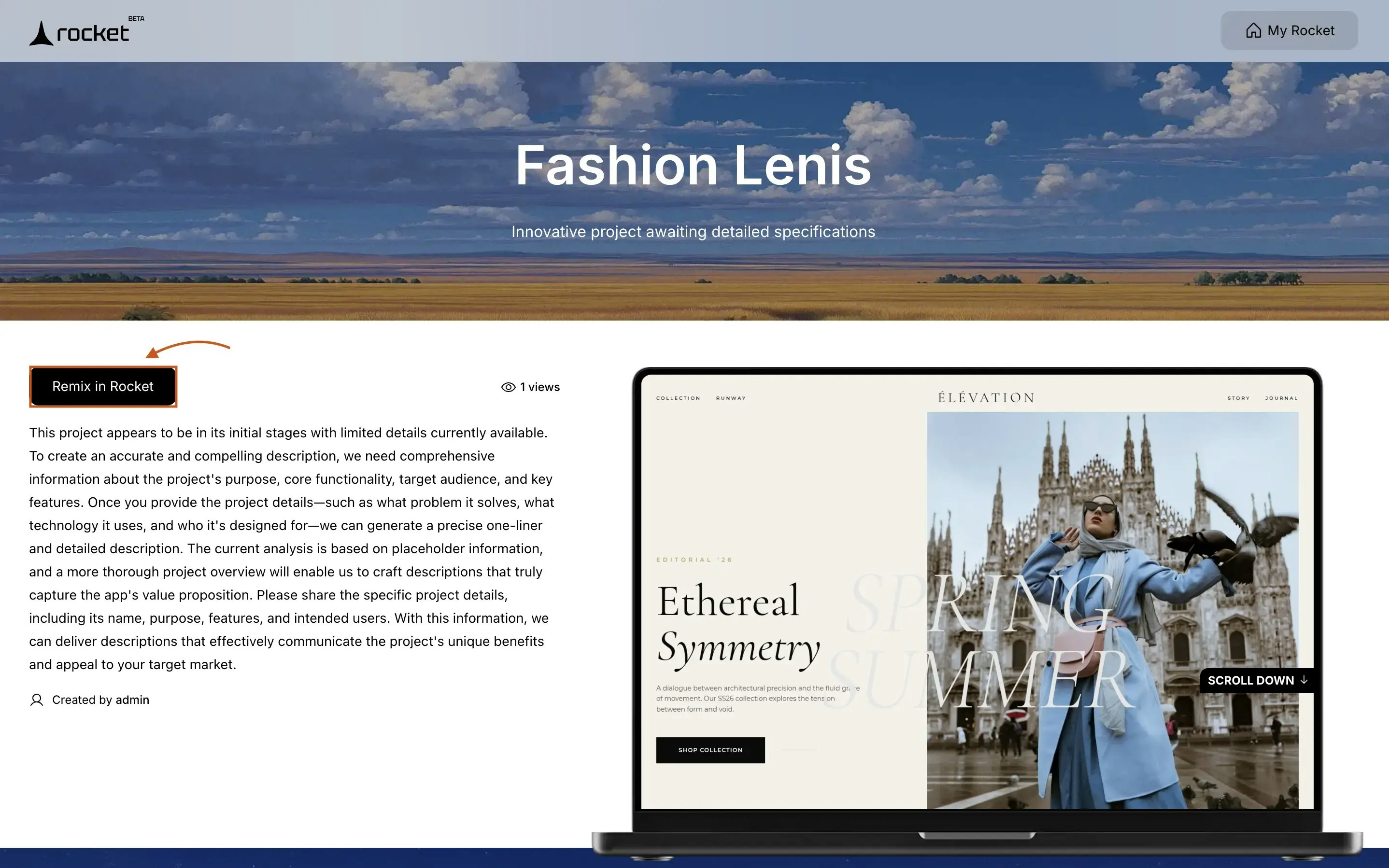 Remix link preview page with project details on left including Remix in Rocket button, view count, and description, with live project preview on right showing the actual app interface.