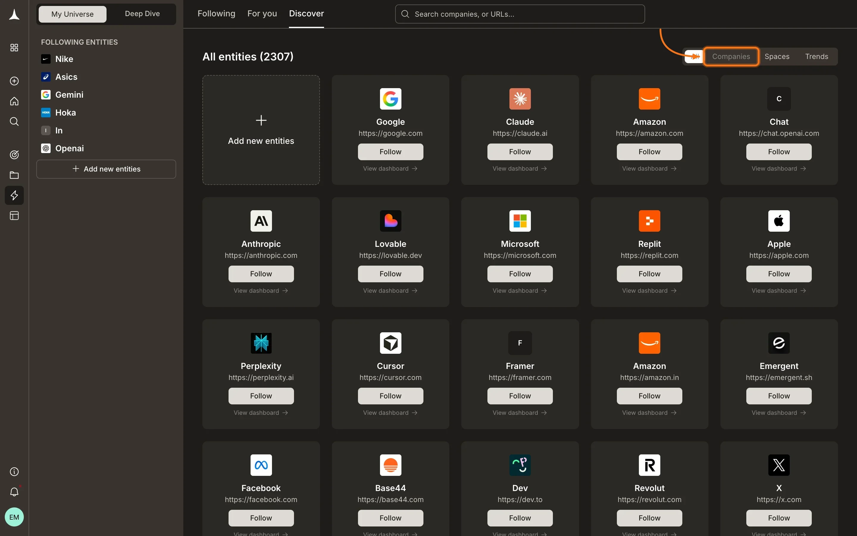 Discover tab showing a browsable grid of companies with Follow buttons