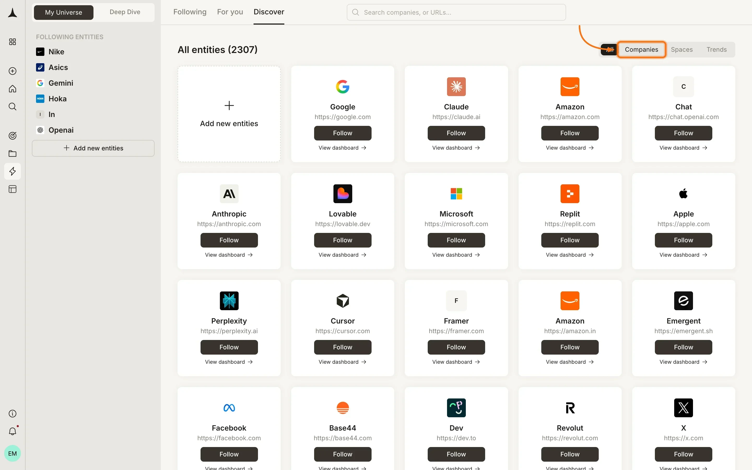 Discover tab showing a browsable grid of companies with Follow buttons