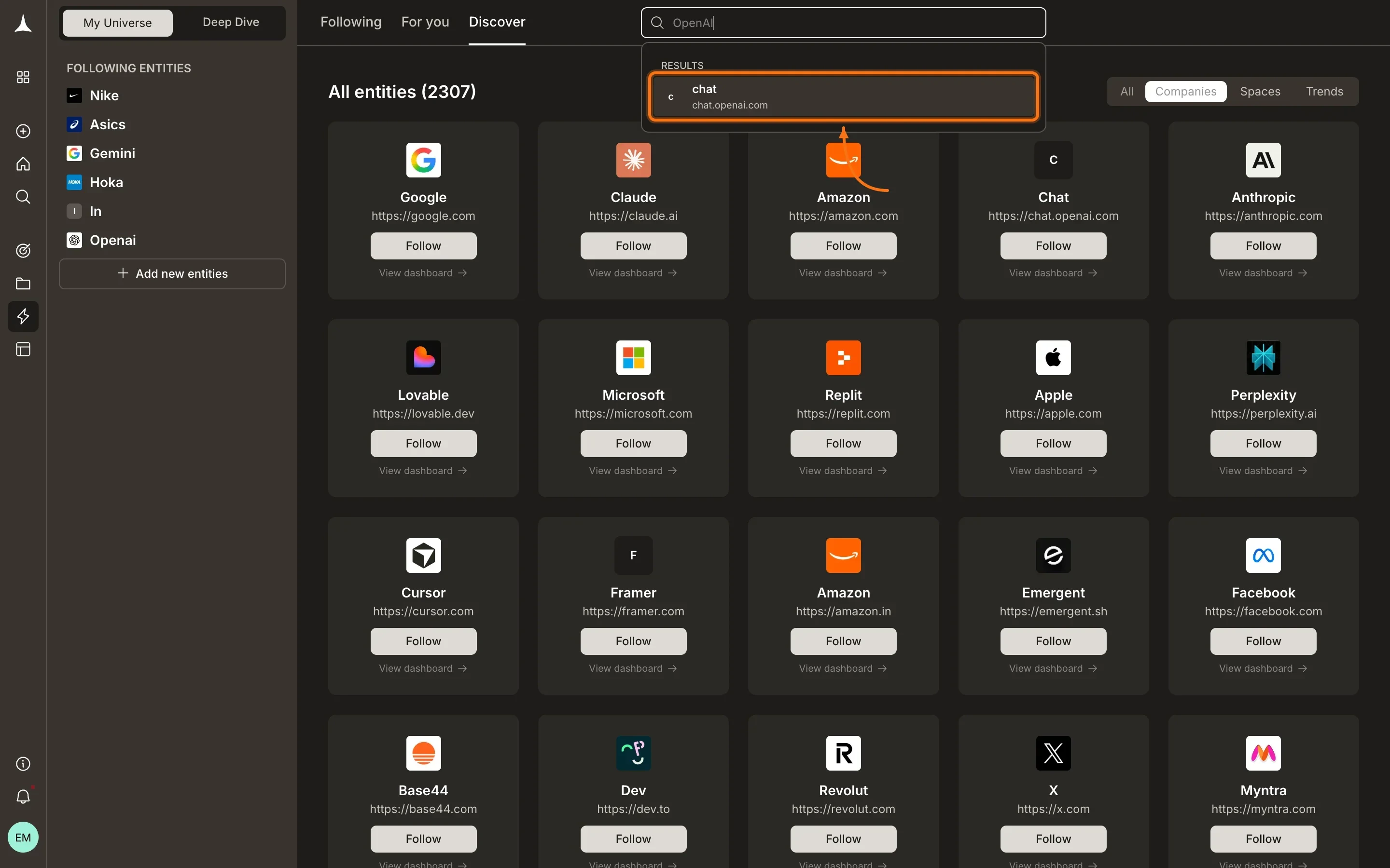 Discover search showing results as you type a company name