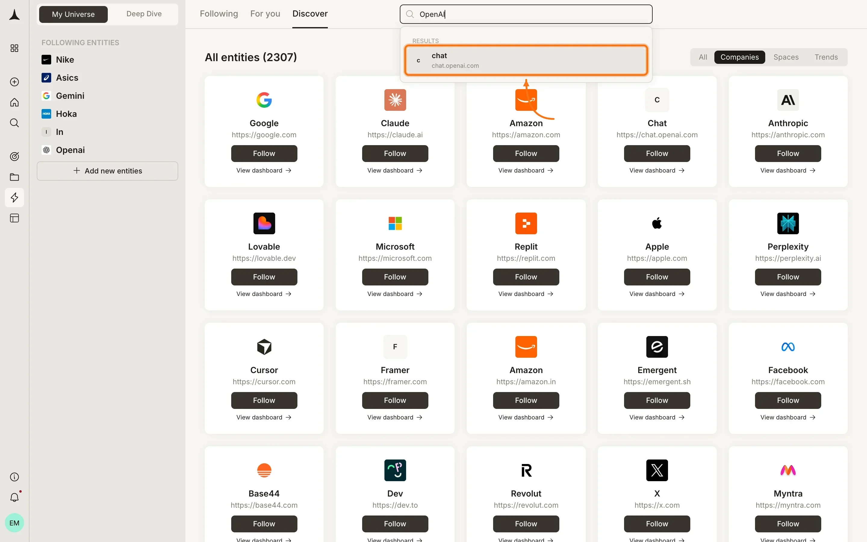 Discover search showing results as you type a company name