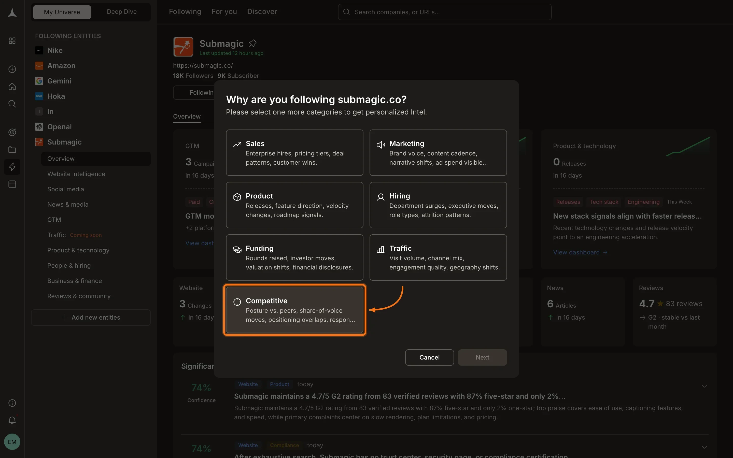 Subscribe categories modal showing purpose options like Sales, Marketing, Product, and Competitive