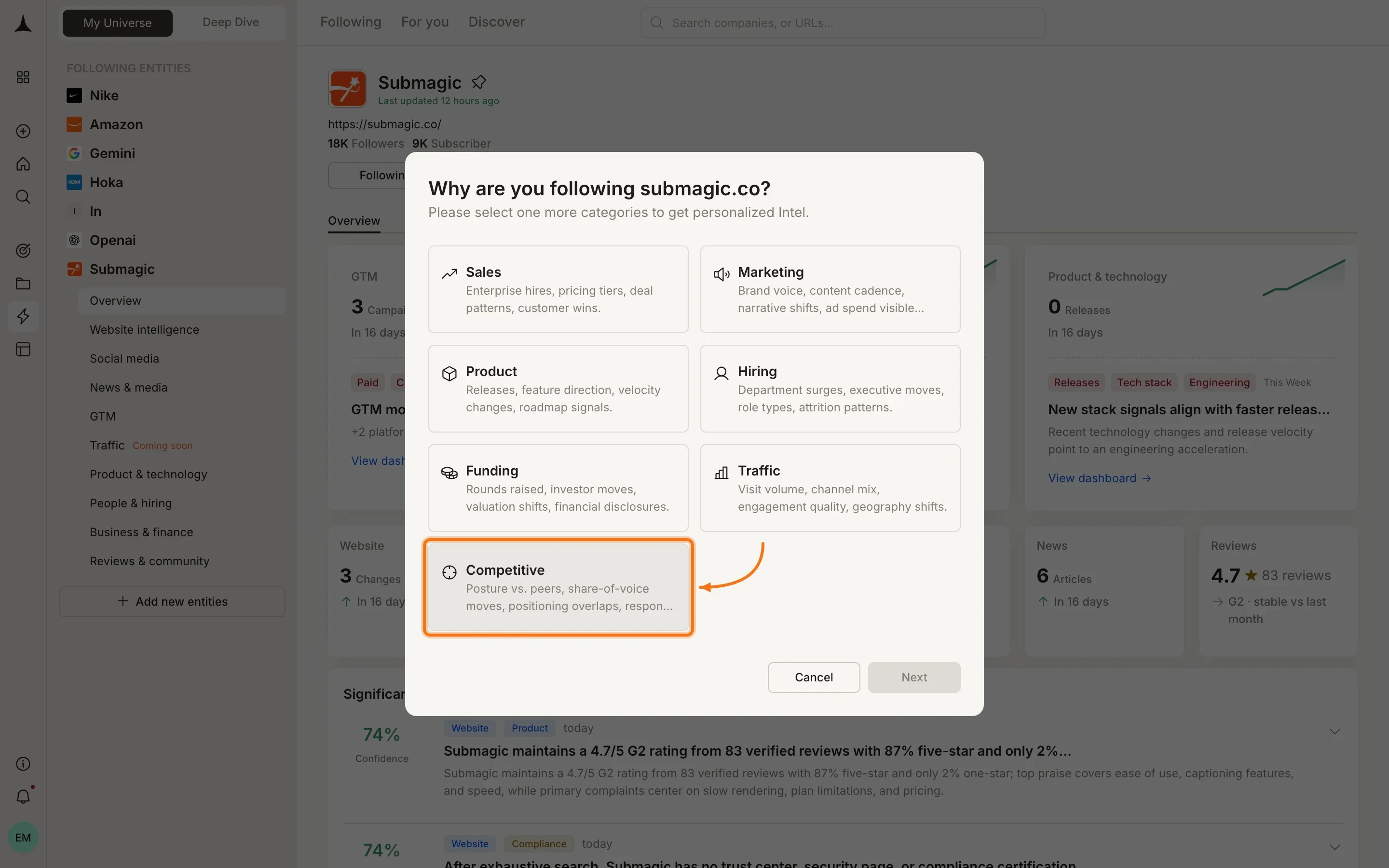 Subscribe categories modal showing purpose options like Sales, Marketing, Product, and Competitive