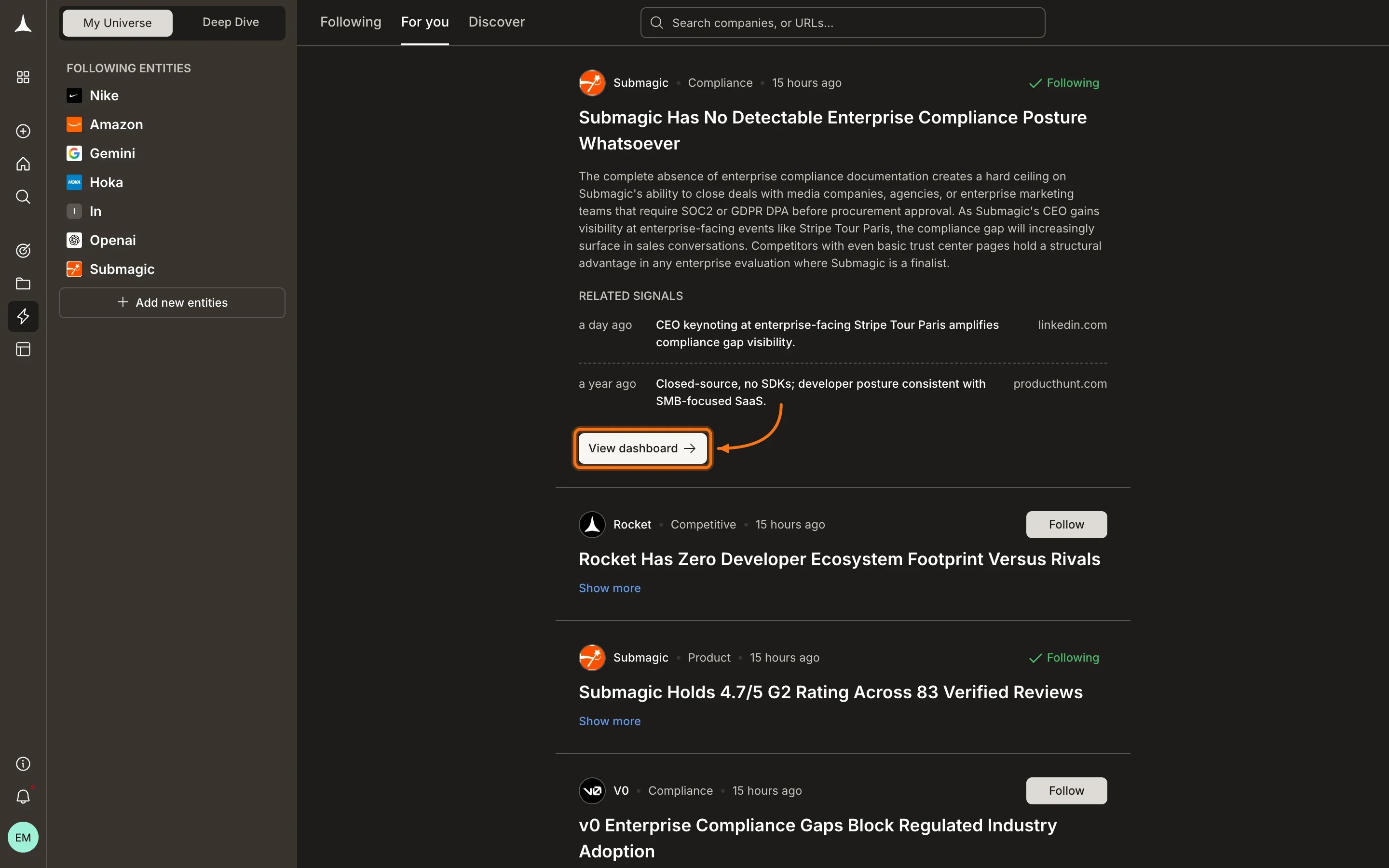 For You feed showing recommended Intel from companies outside your universe