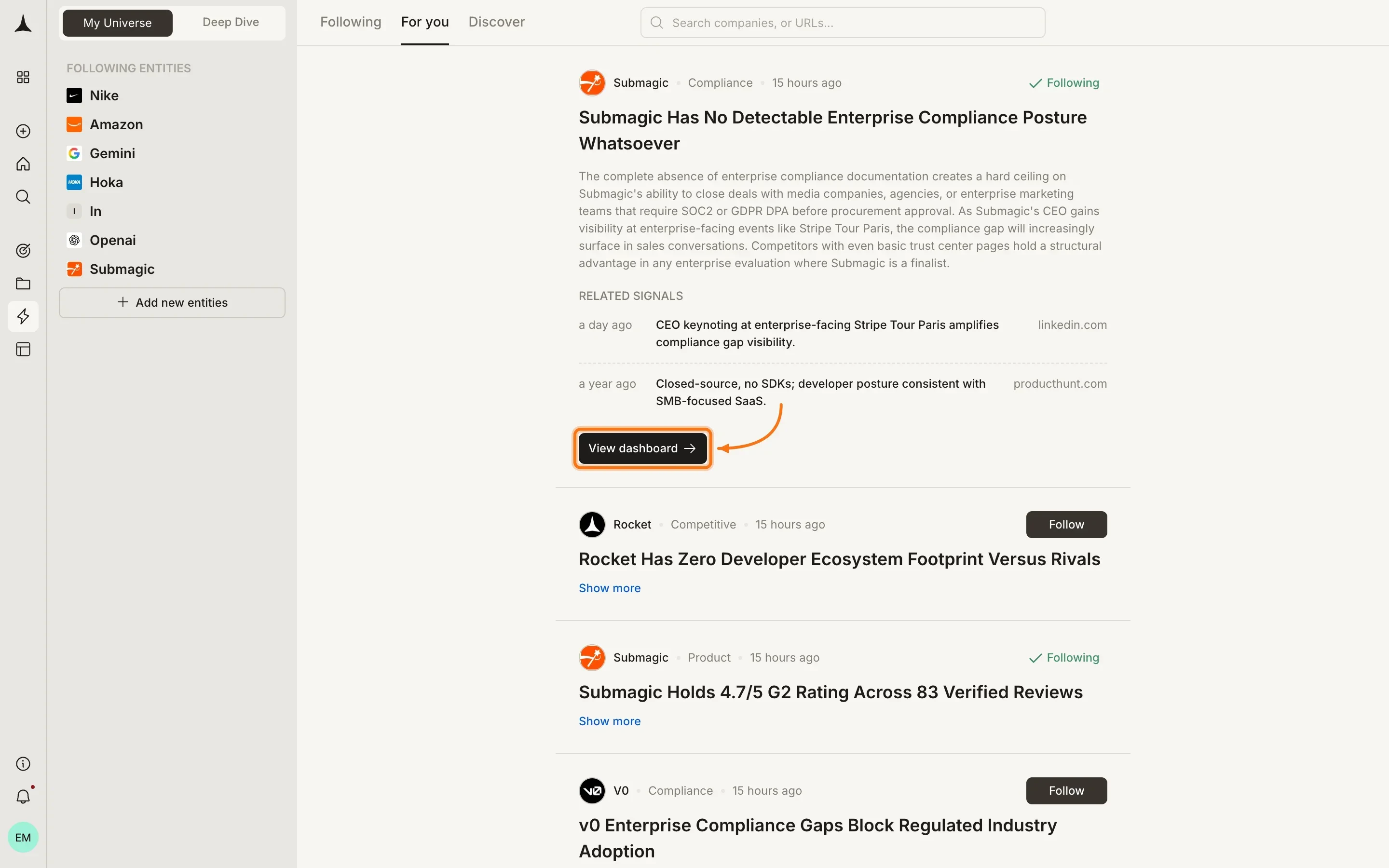 For You feed showing recommended Intel from companies outside your universe