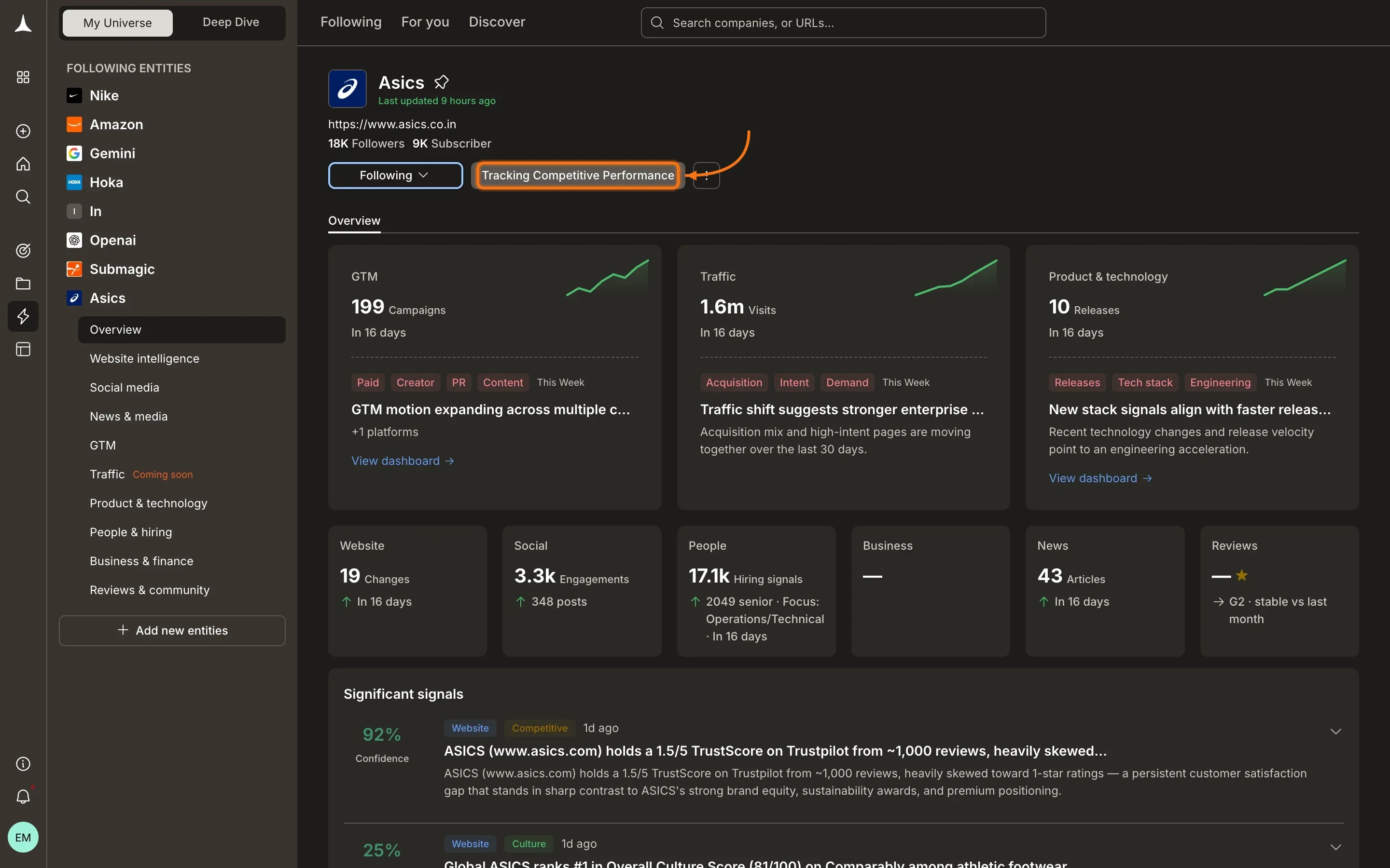 Company dashboard showing a saved purpose badge next to the Following button