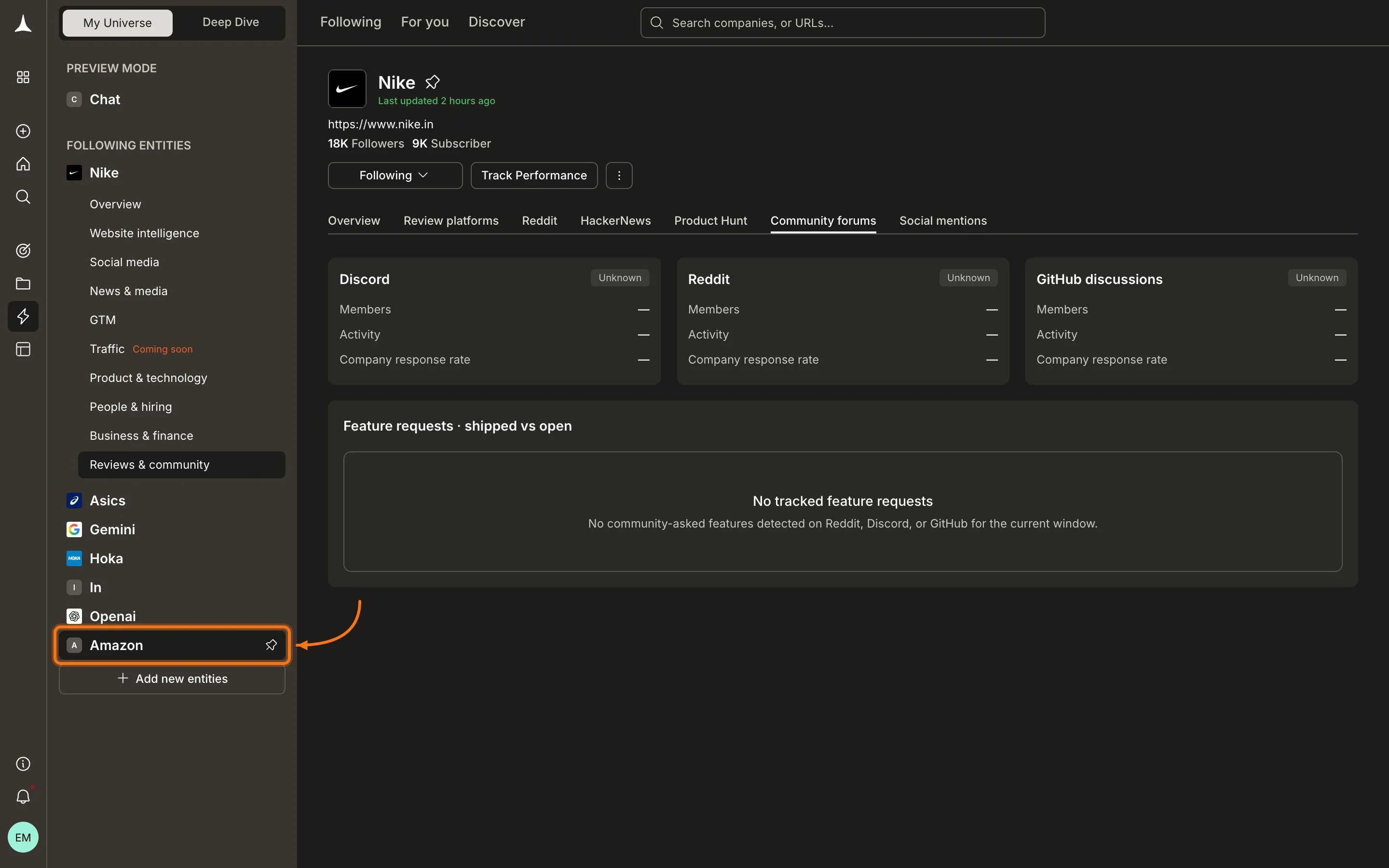 Sidebar showing expanded pillar navigation for Nike and another entity (Amazon) available to click below
