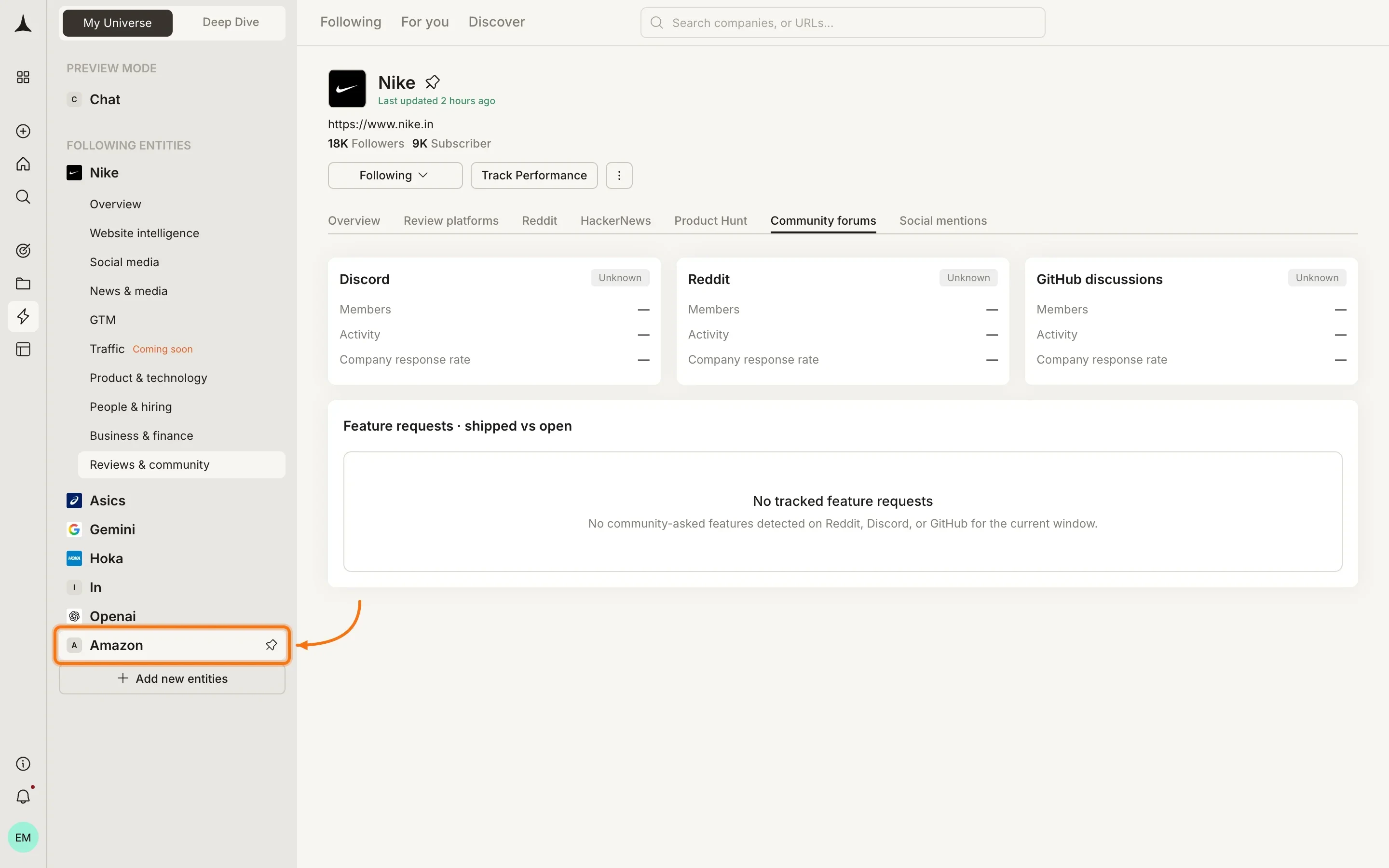 Sidebar showing expanded pillar navigation for Nike and another entity (Amazon) available to click below