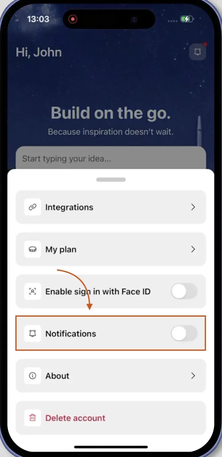 Mobile settings sheet with Notifications toggle. The sheet includes options for Integrations, My plan, Enable sign in with Face ID, Notifications with toggle, About, and Delete account.
