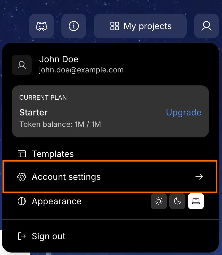 Account Settings option highlighted in the dropdown menu.