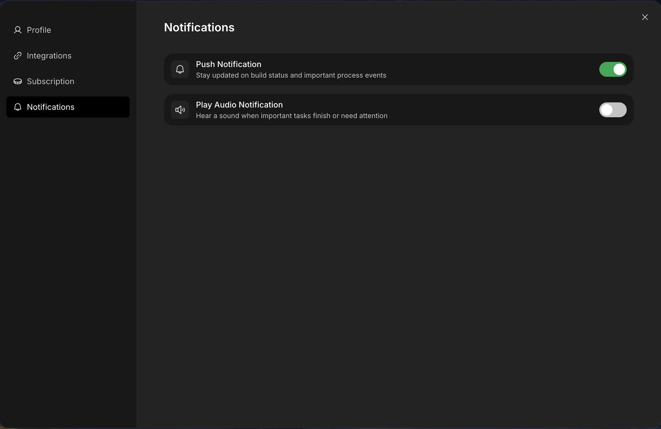 Notifications settings showing Push Notification and Play Audio Notification toggles.