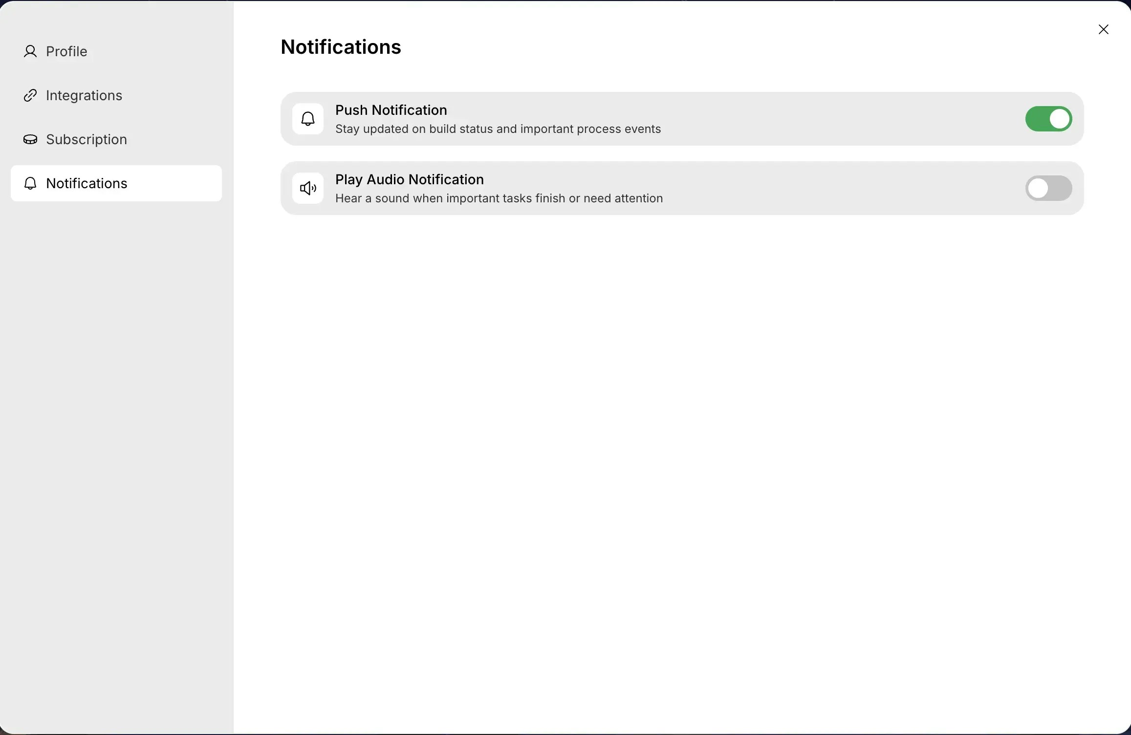 Notifications settings showing Push Notification and Play Audio Notification toggles.