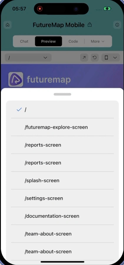 Currently viewing dropdown for switching between screens in preview mode.