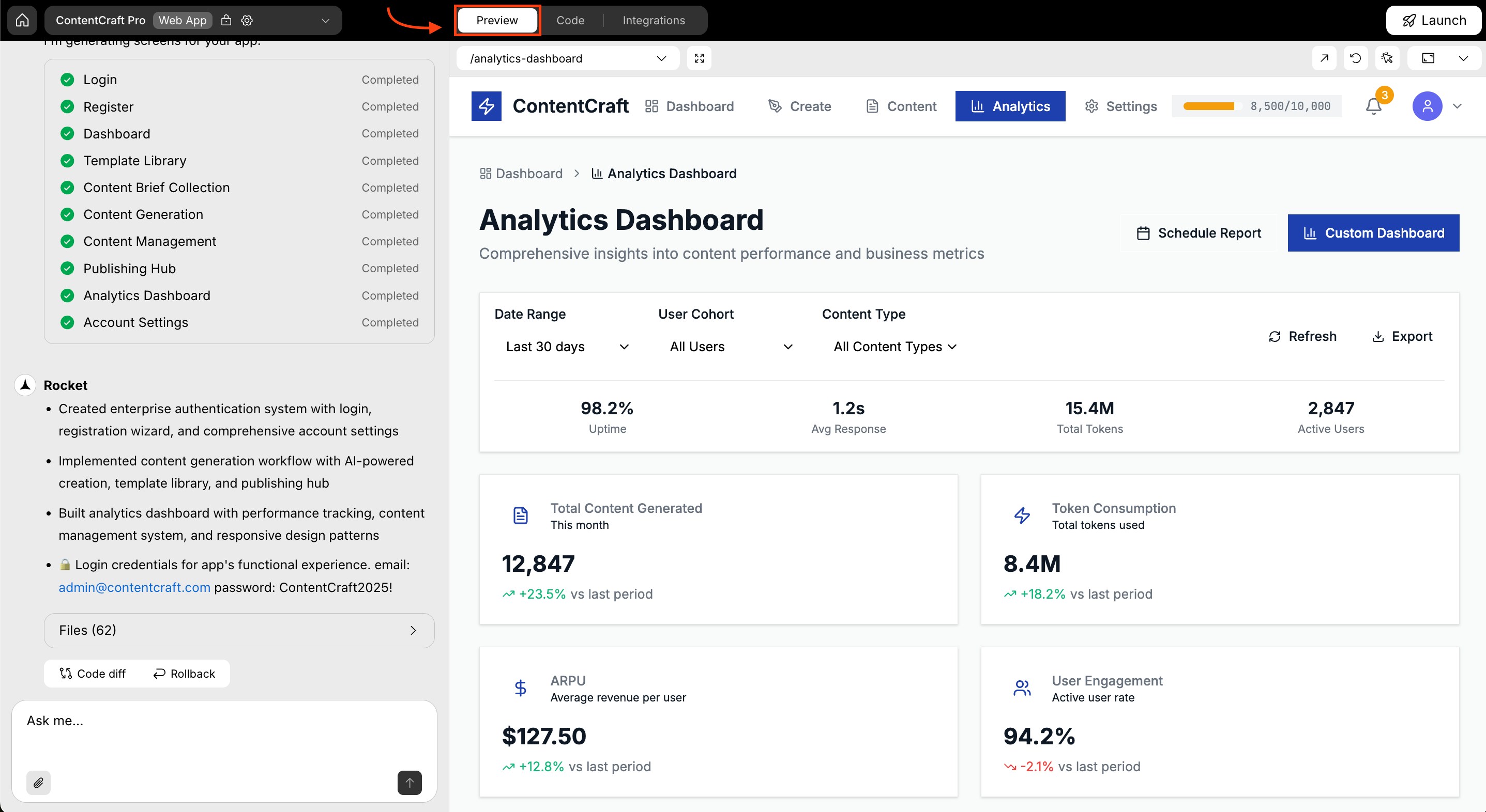 Rocket preview panel showing live web app interface.