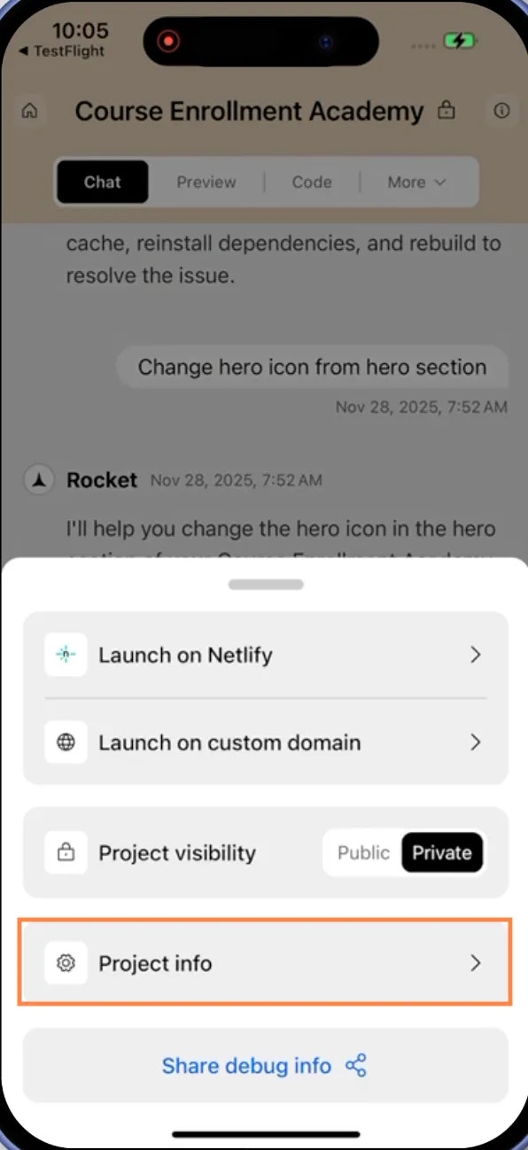Options menu showing Project info option on mobile.