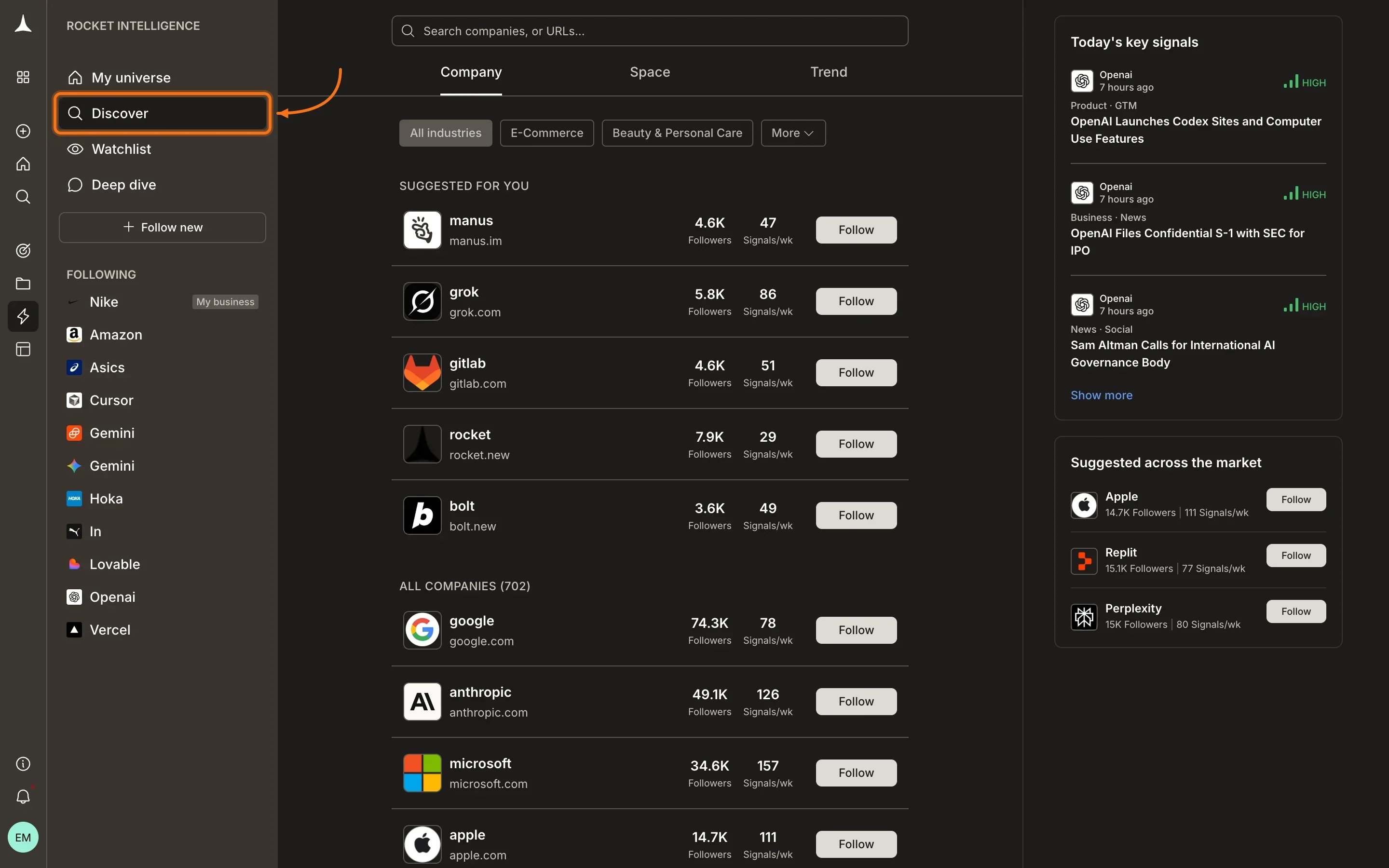 Discover page showing company list with names, domains, follower counts, signals per week, and Follow buttons