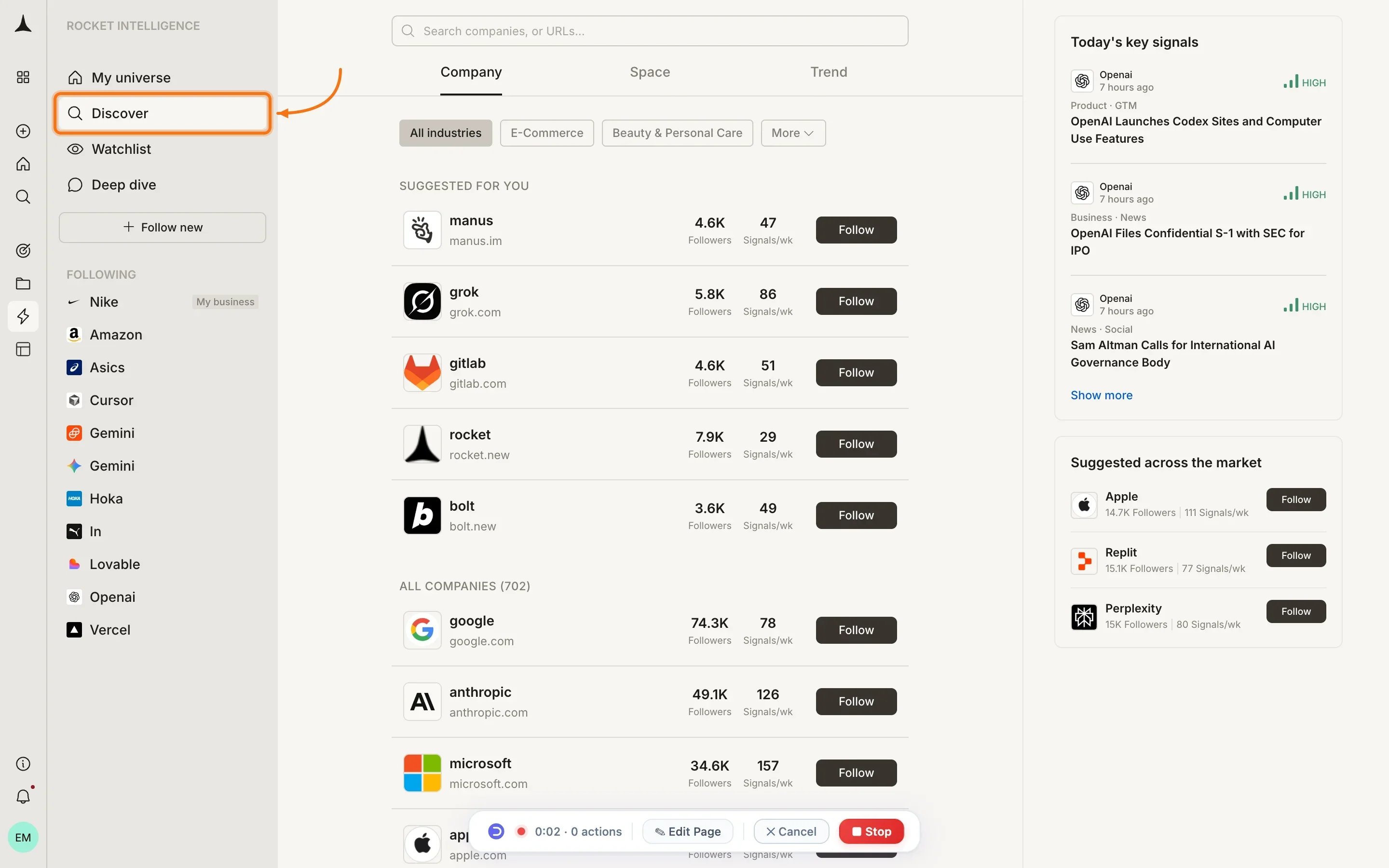 Discover page showing company list with names, domains, follower counts, signals per week, and Follow buttons