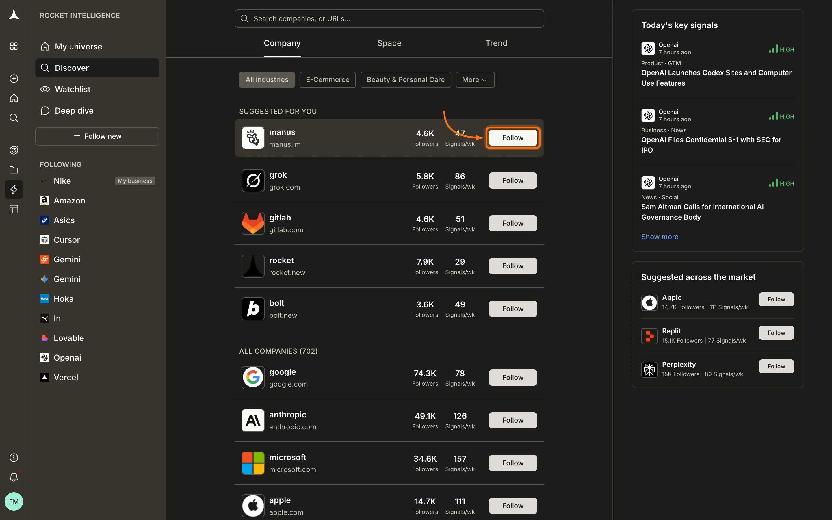 Follow button highlighted on a specific company in the Discover list