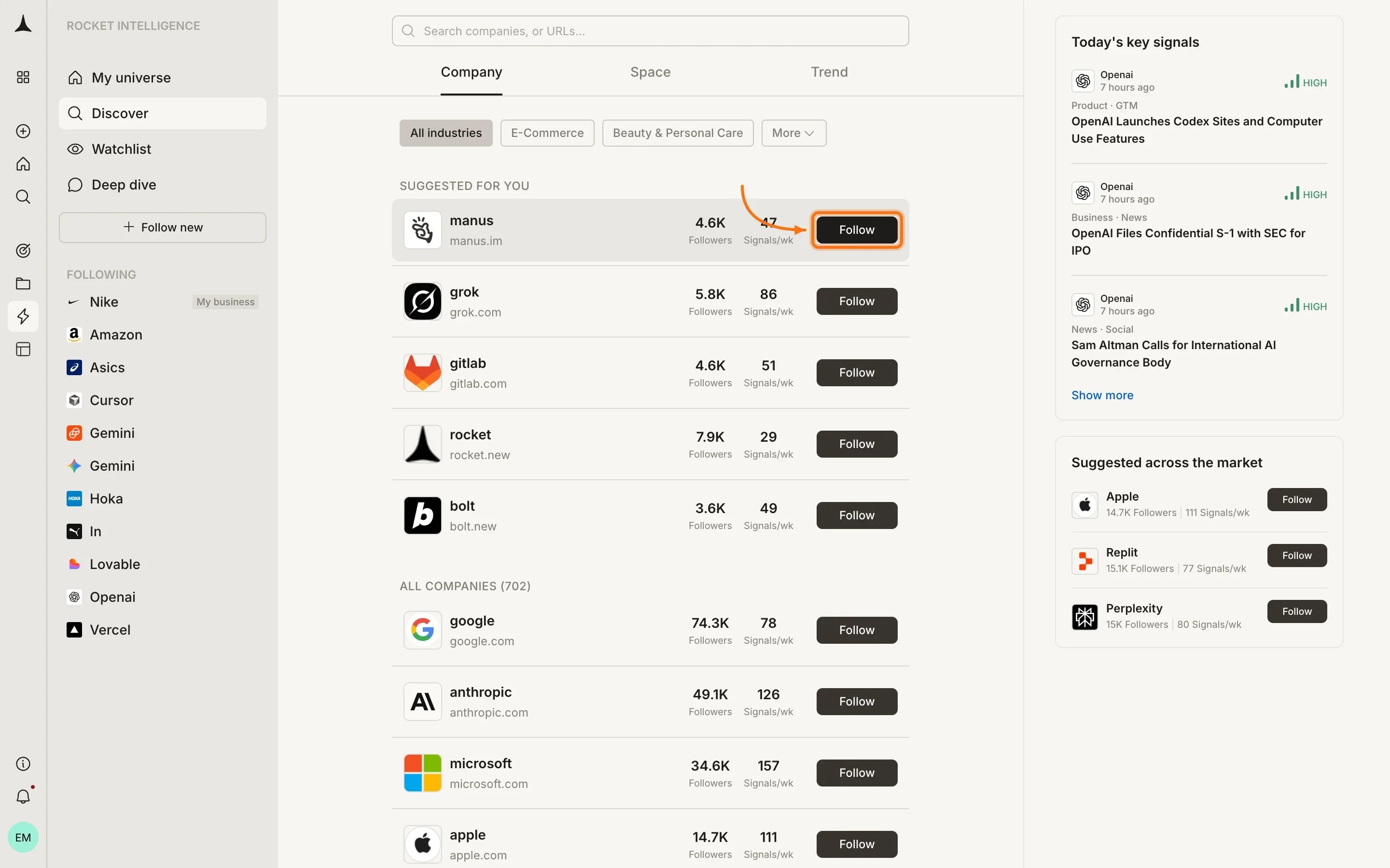 Follow button highlighted on a specific company in the Discover list