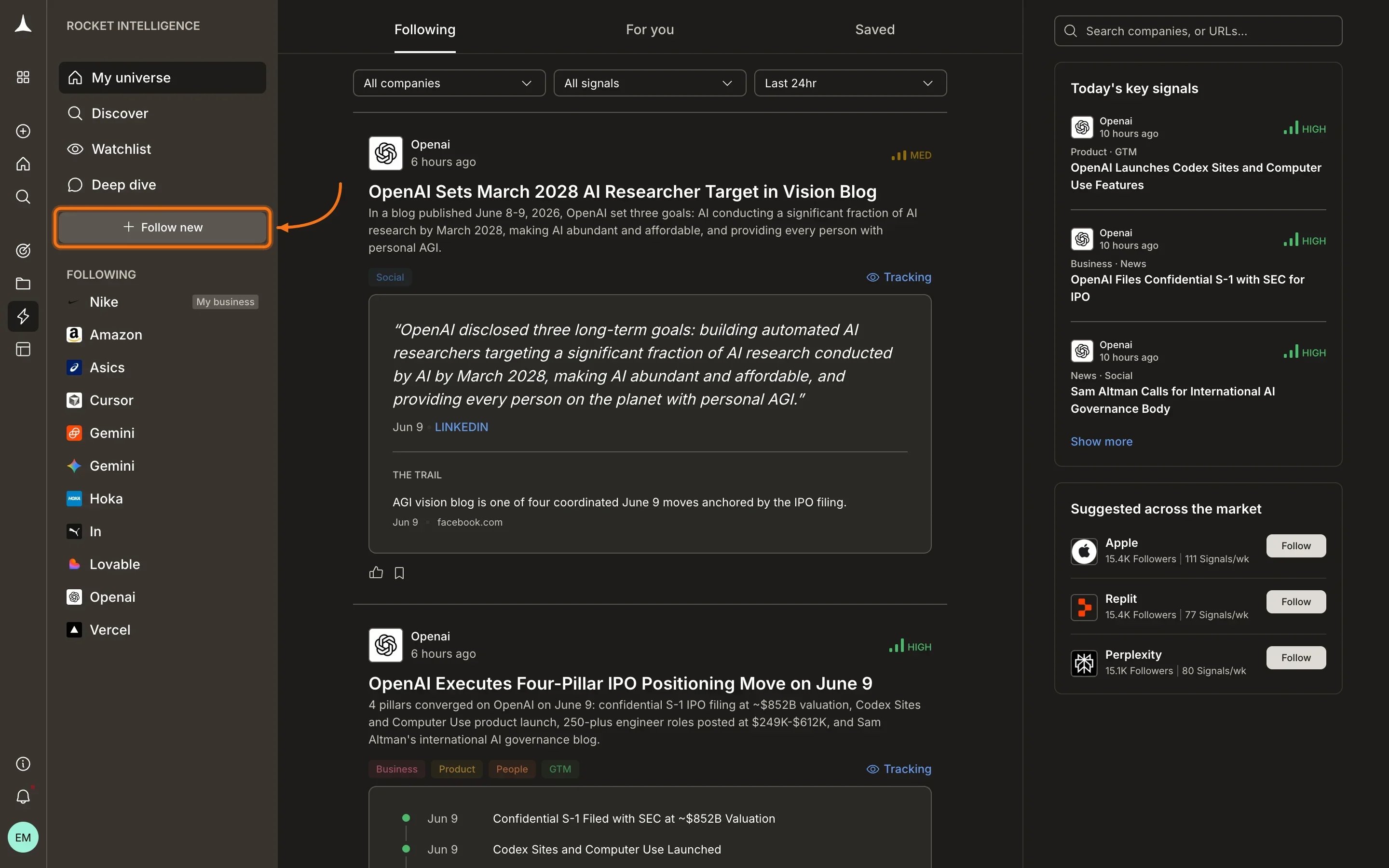 Follow new button highlighted in the sidebar