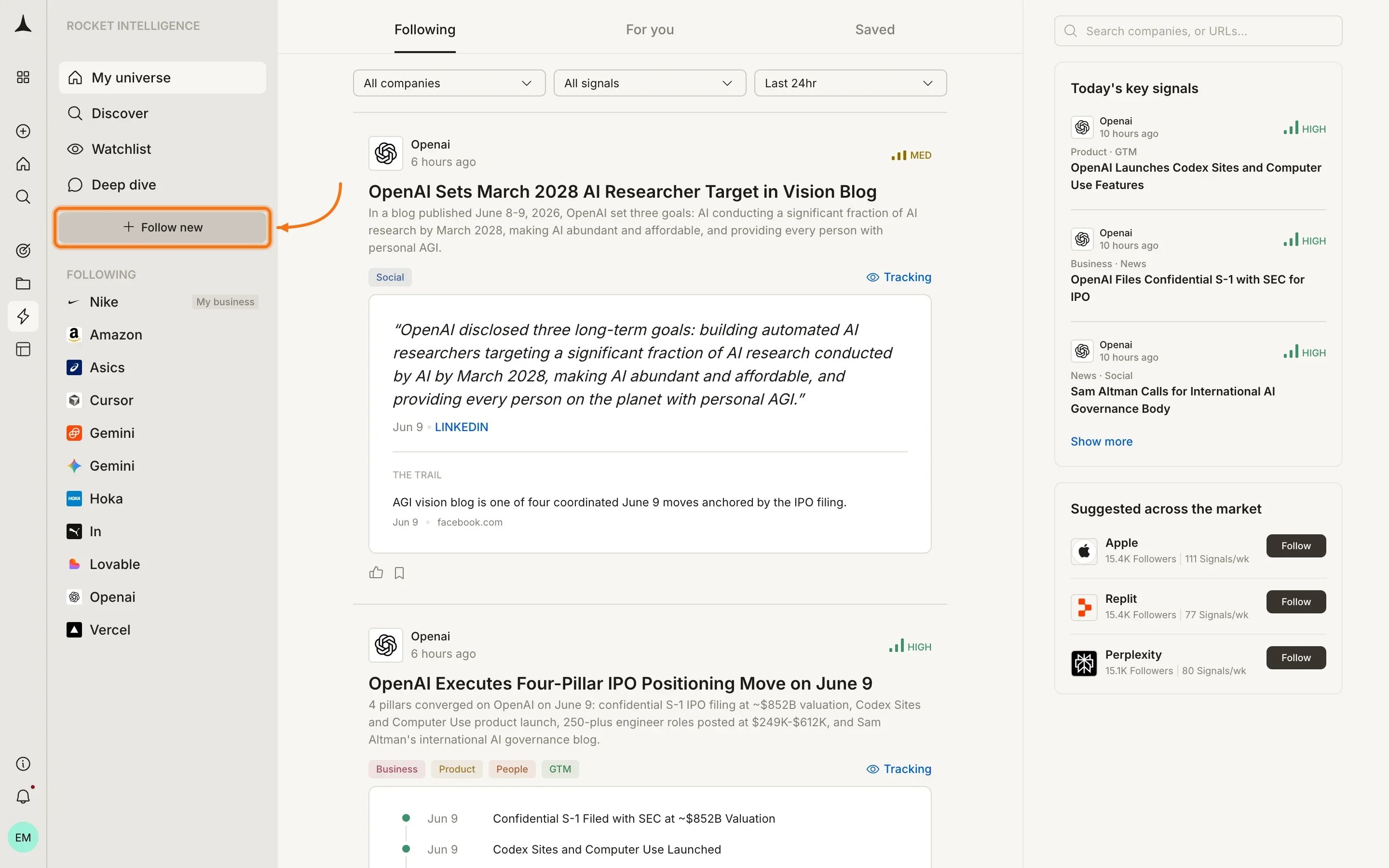 Follow new button highlighted in the sidebar