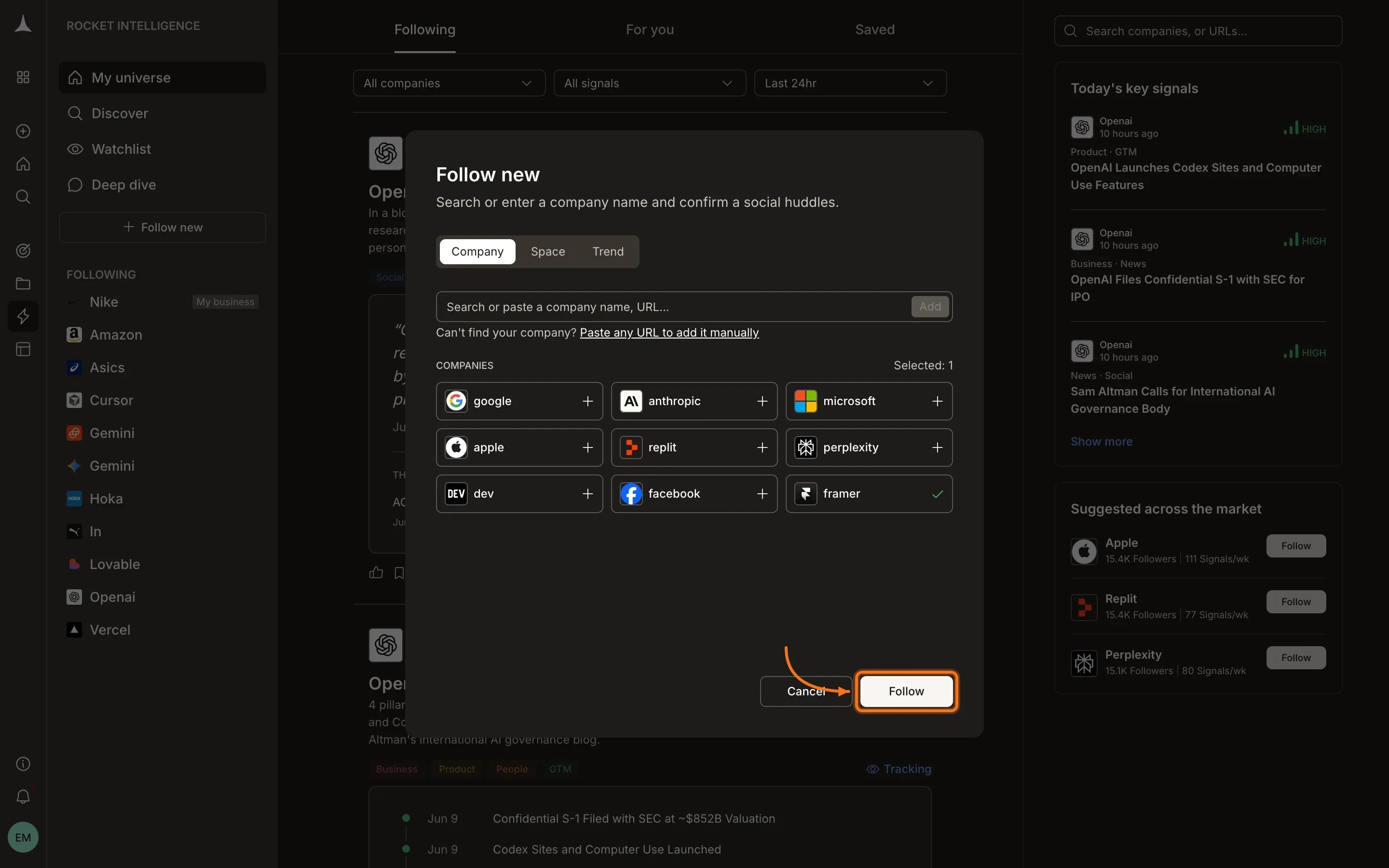 Company selected with checkmark, Follow button highlighted to confirm