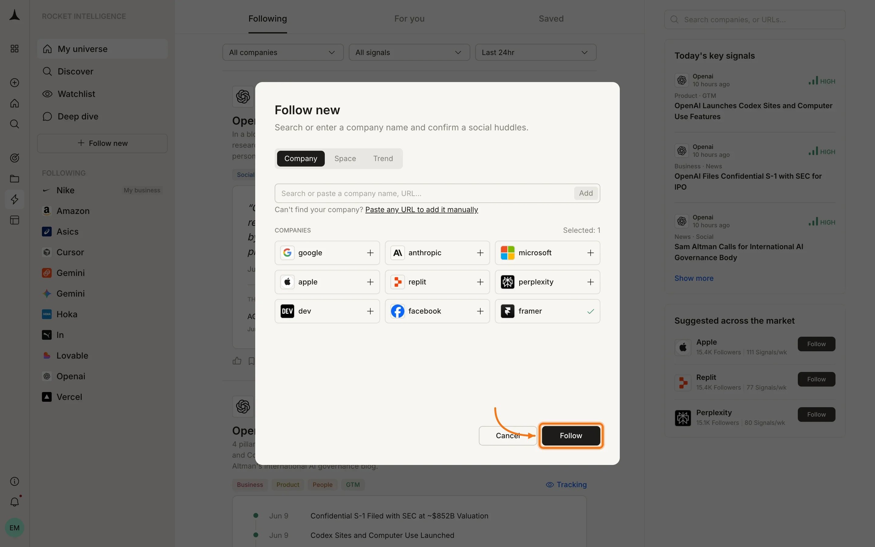 Company selected with checkmark, Follow button highlighted to confirm