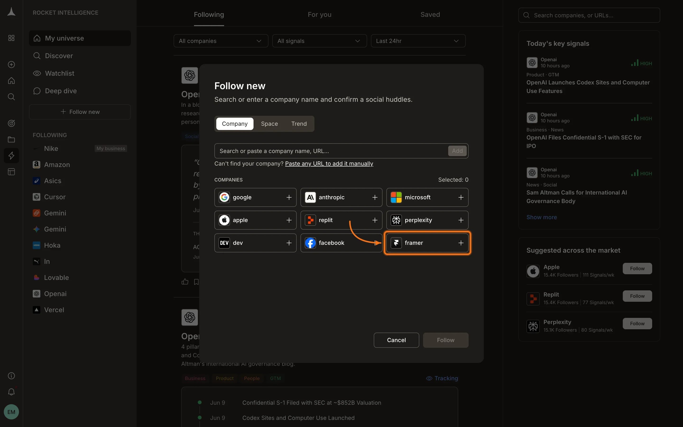 Follow new modal with Company, Space, and Trend tabs and a grid of companies to select