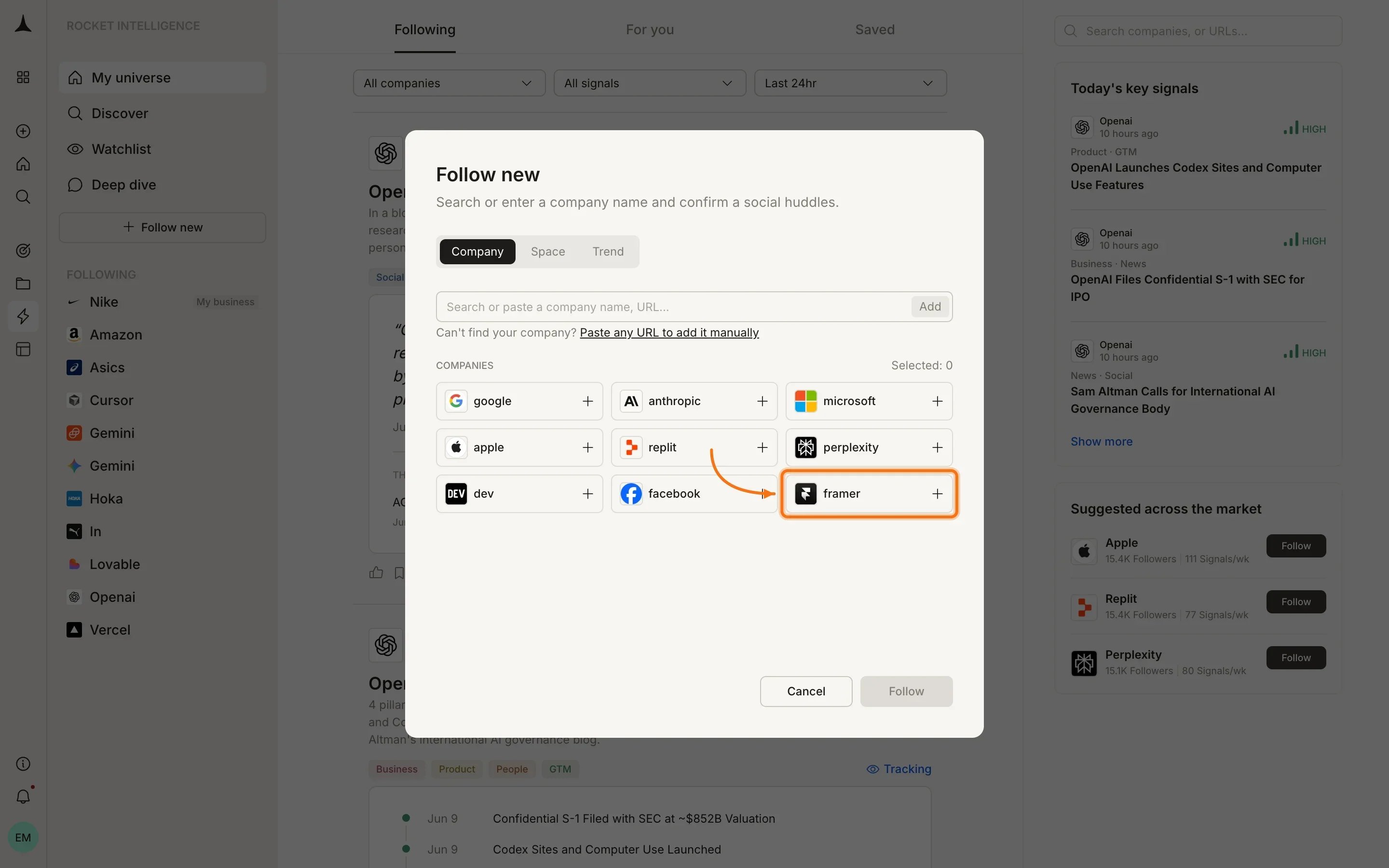Follow new modal with Company, Space, and Trend tabs and a grid of companies to select