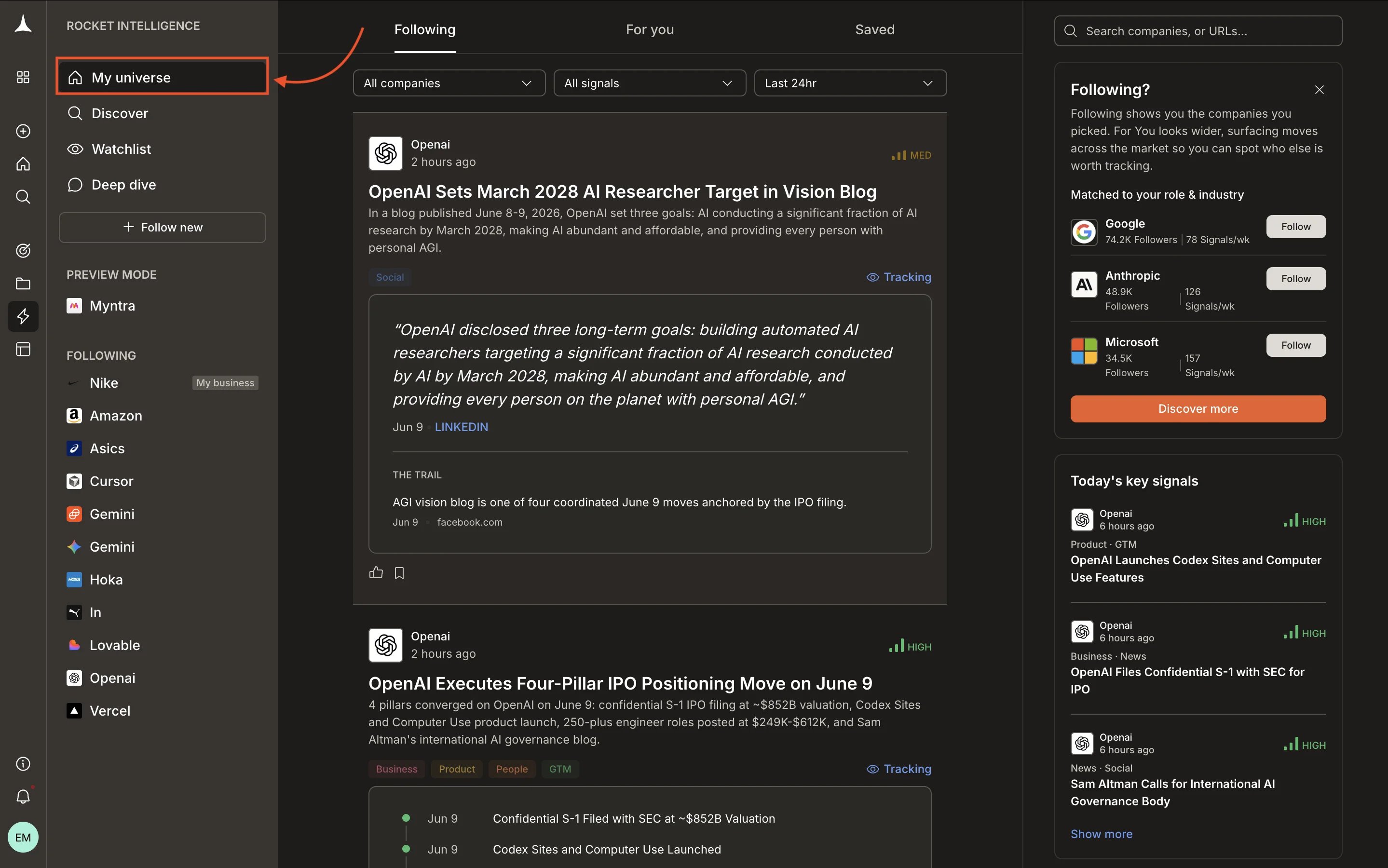 Rocket Intelligence showing My Universe sidebar with followed companies and the Following feed