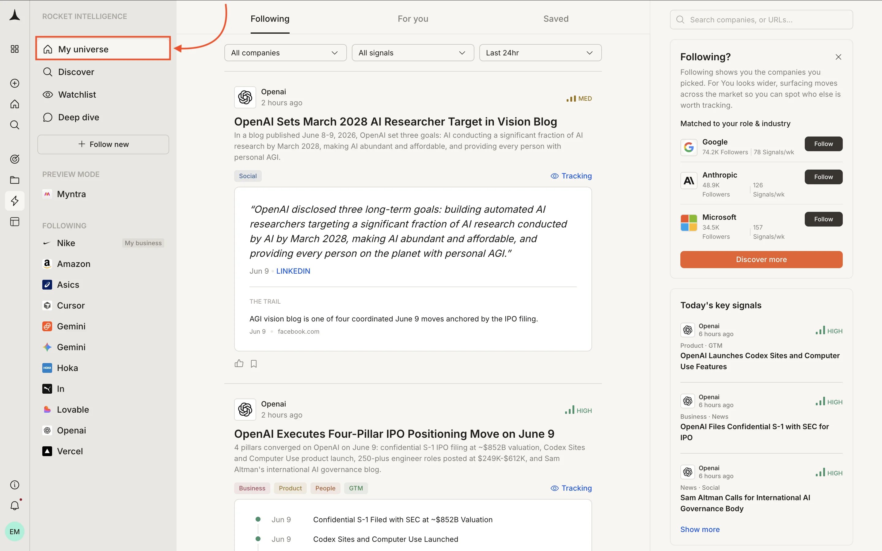 Rocket Intelligence showing My Universe sidebar with followed companies and the Following feed