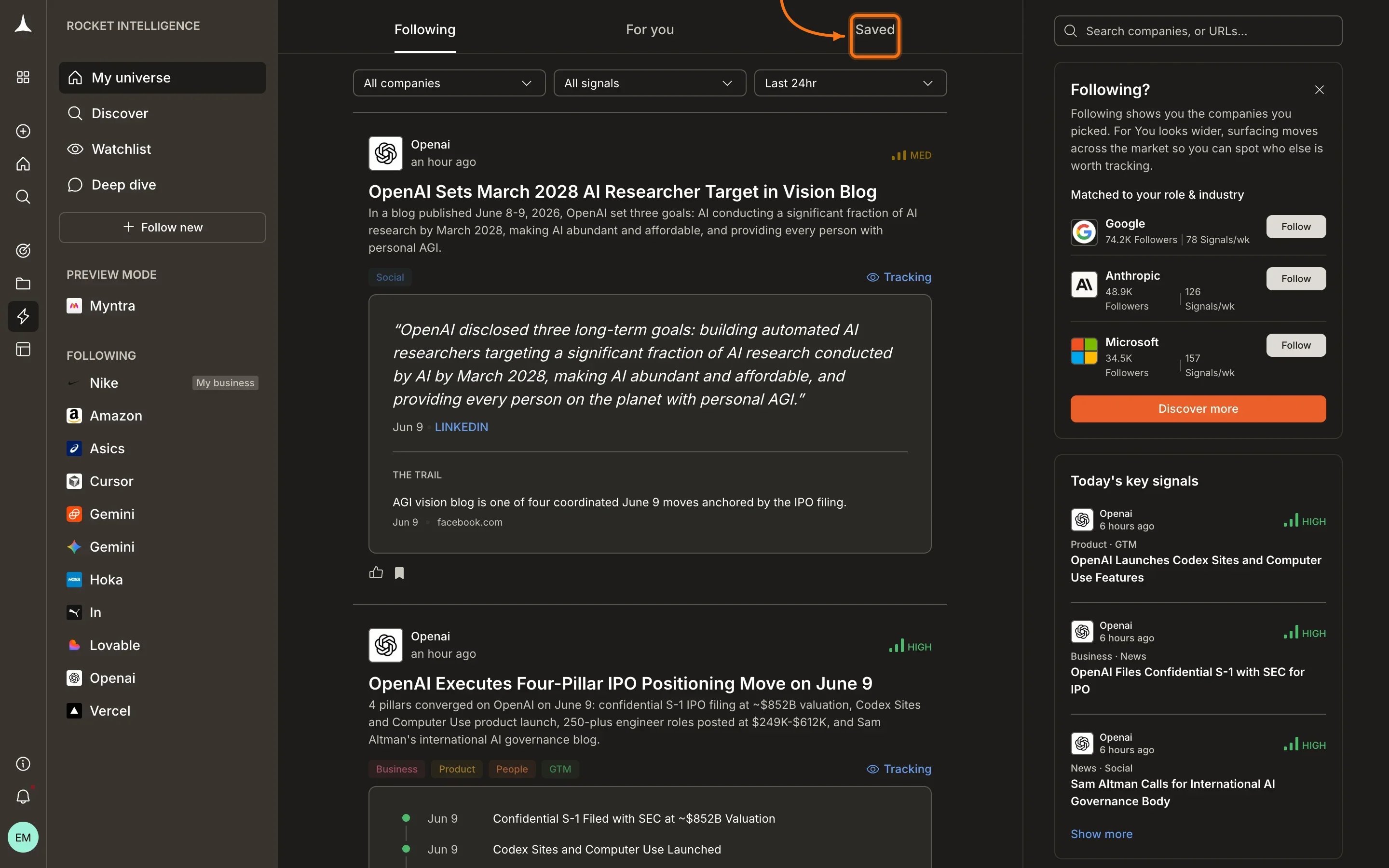 Saved tab highlighted in header showing bookmarked Intel cards
