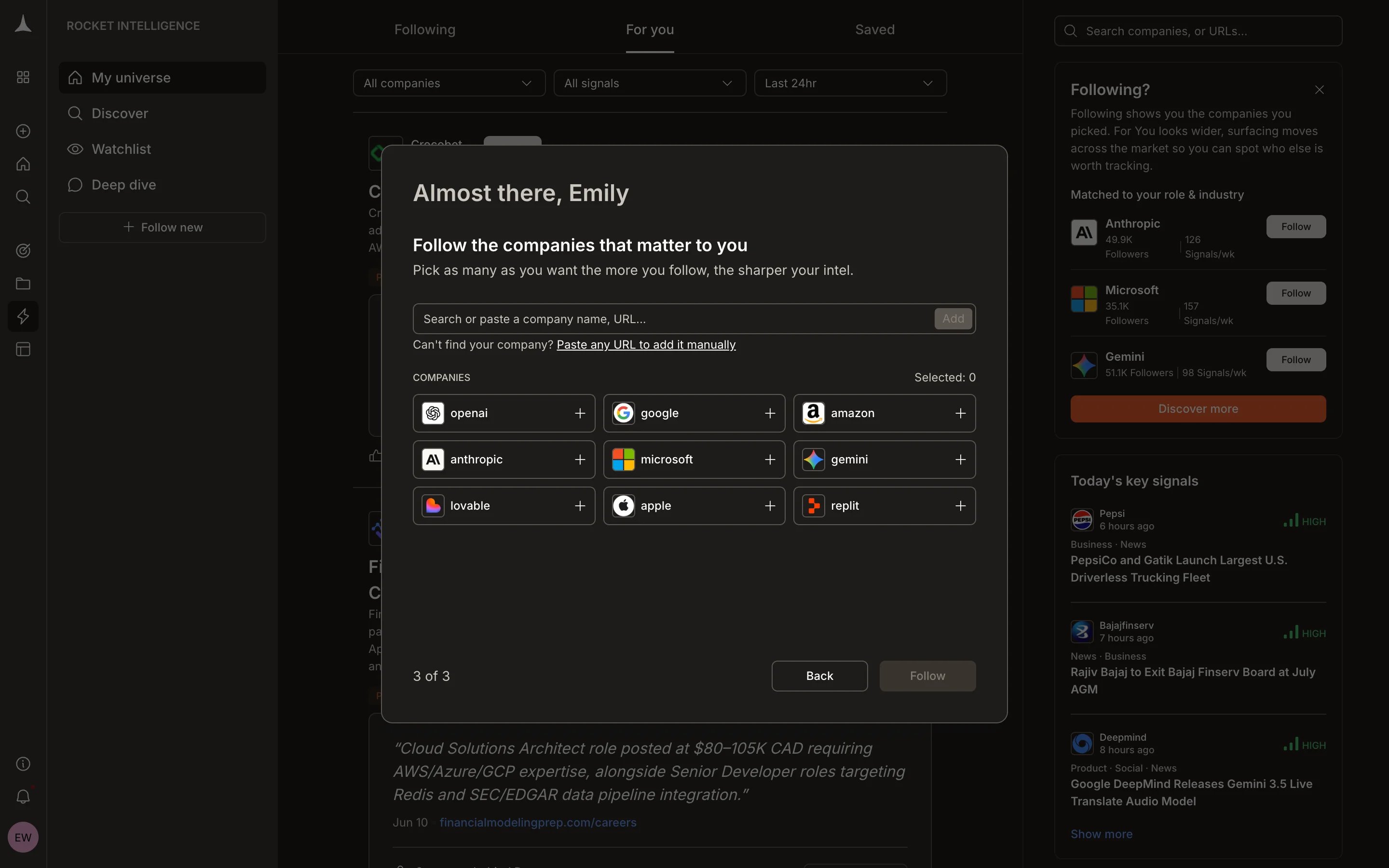 Company picker showing companies to follow with search bar and grid of options