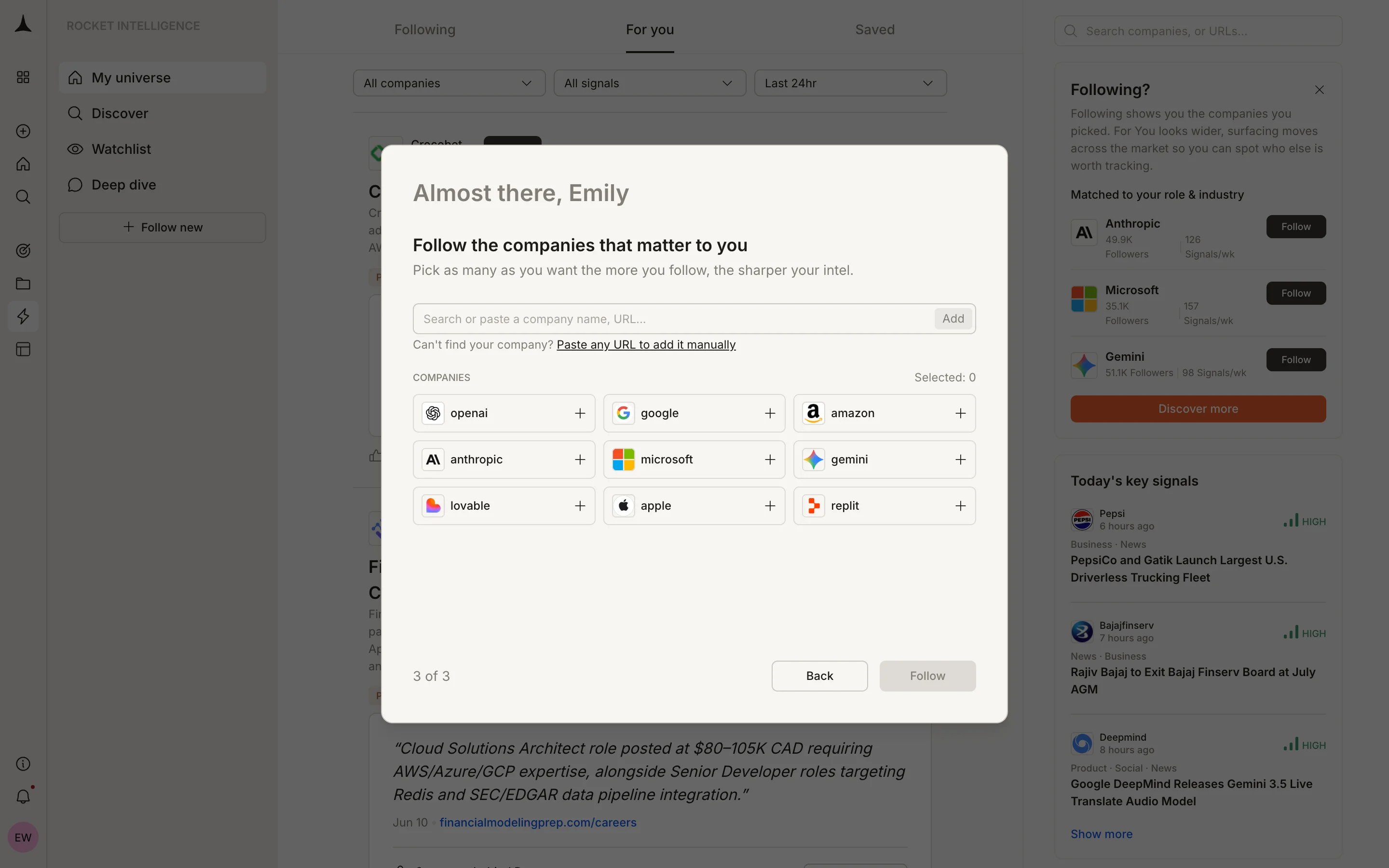 Company picker showing companies to follow with search bar and grid of options