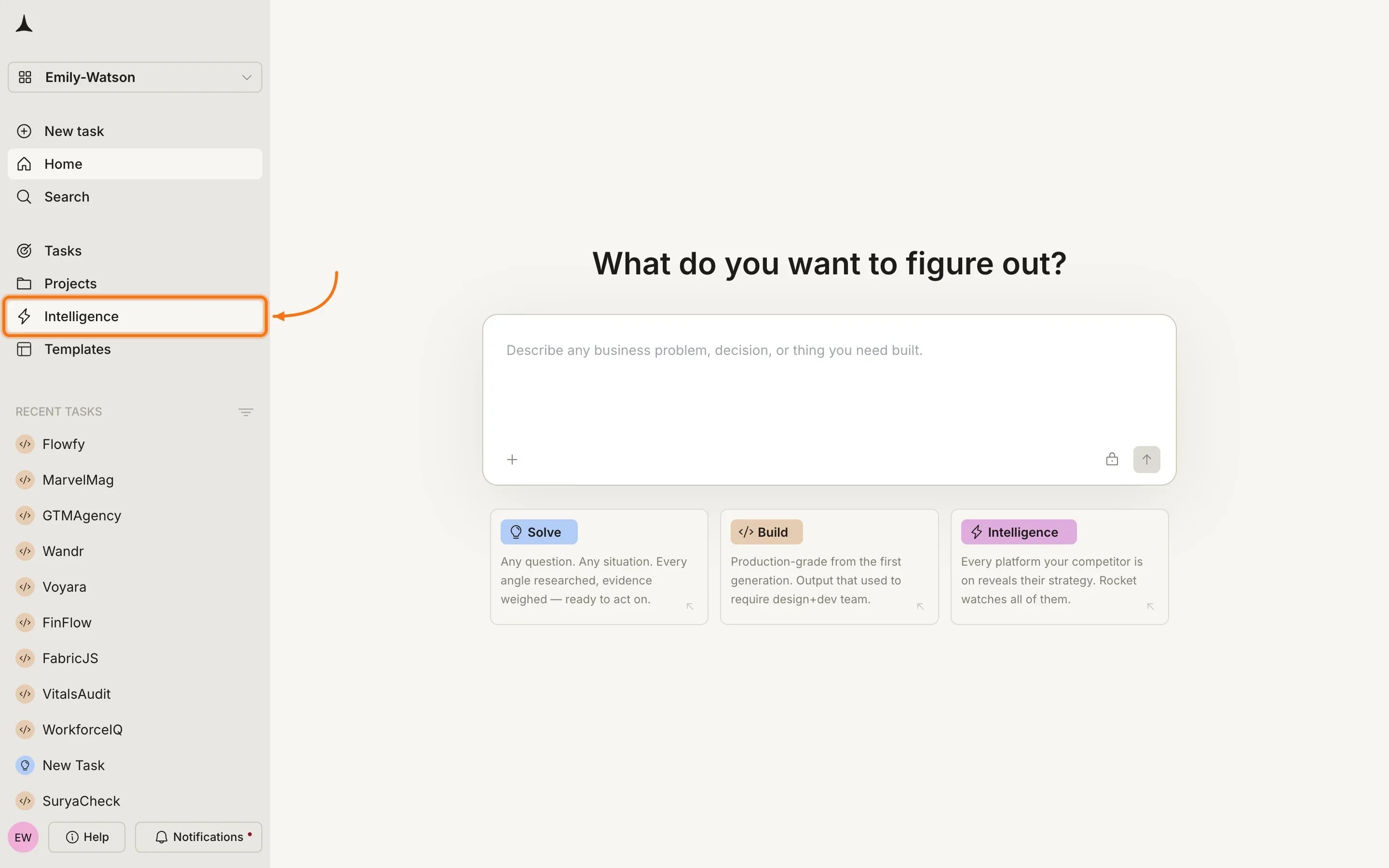 Rocket home screen with Intelligence highlighted in the sidebar