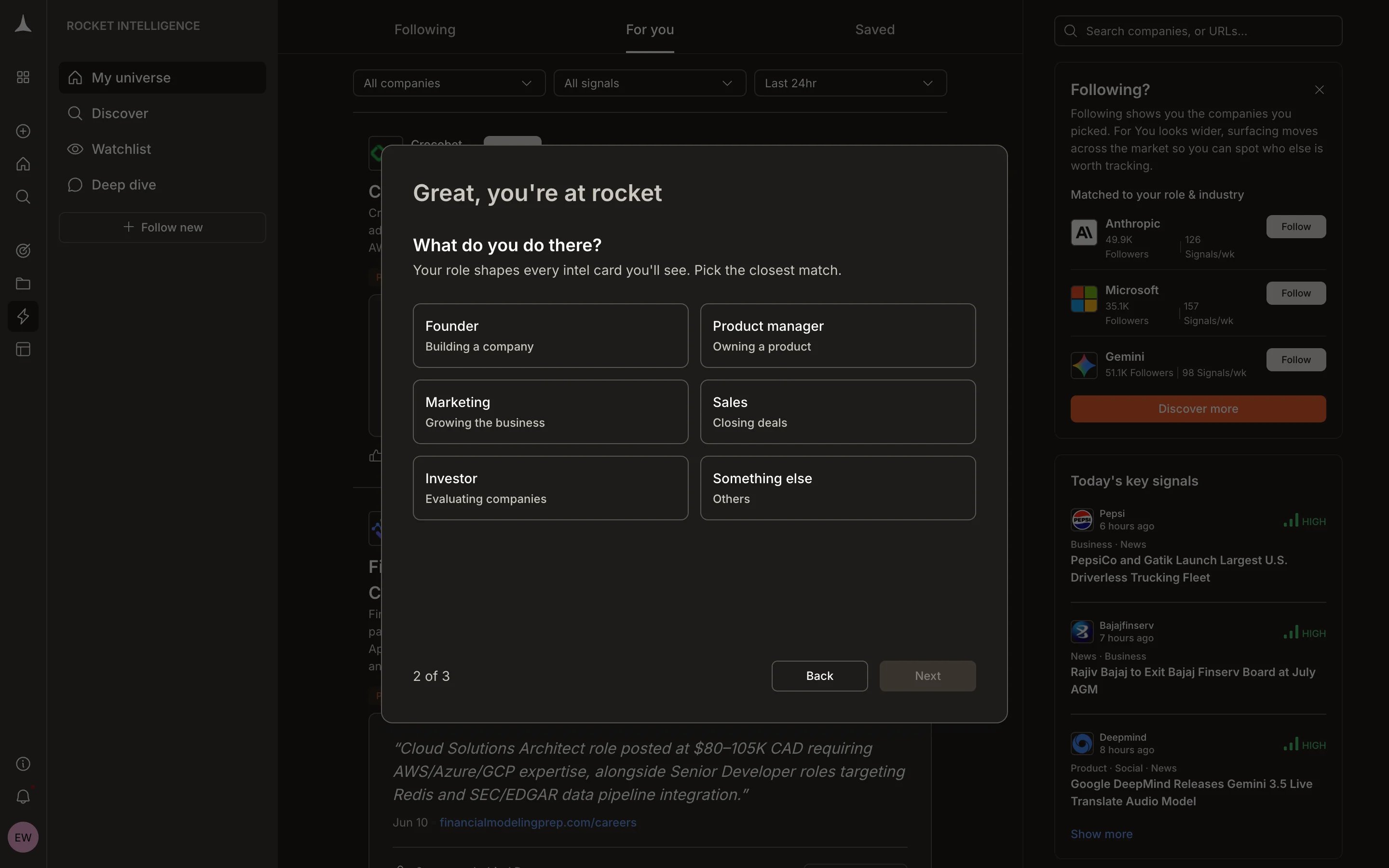 Role selection screen with Founder, Product manager, Marketing, Sales, Investor, and Something else options
