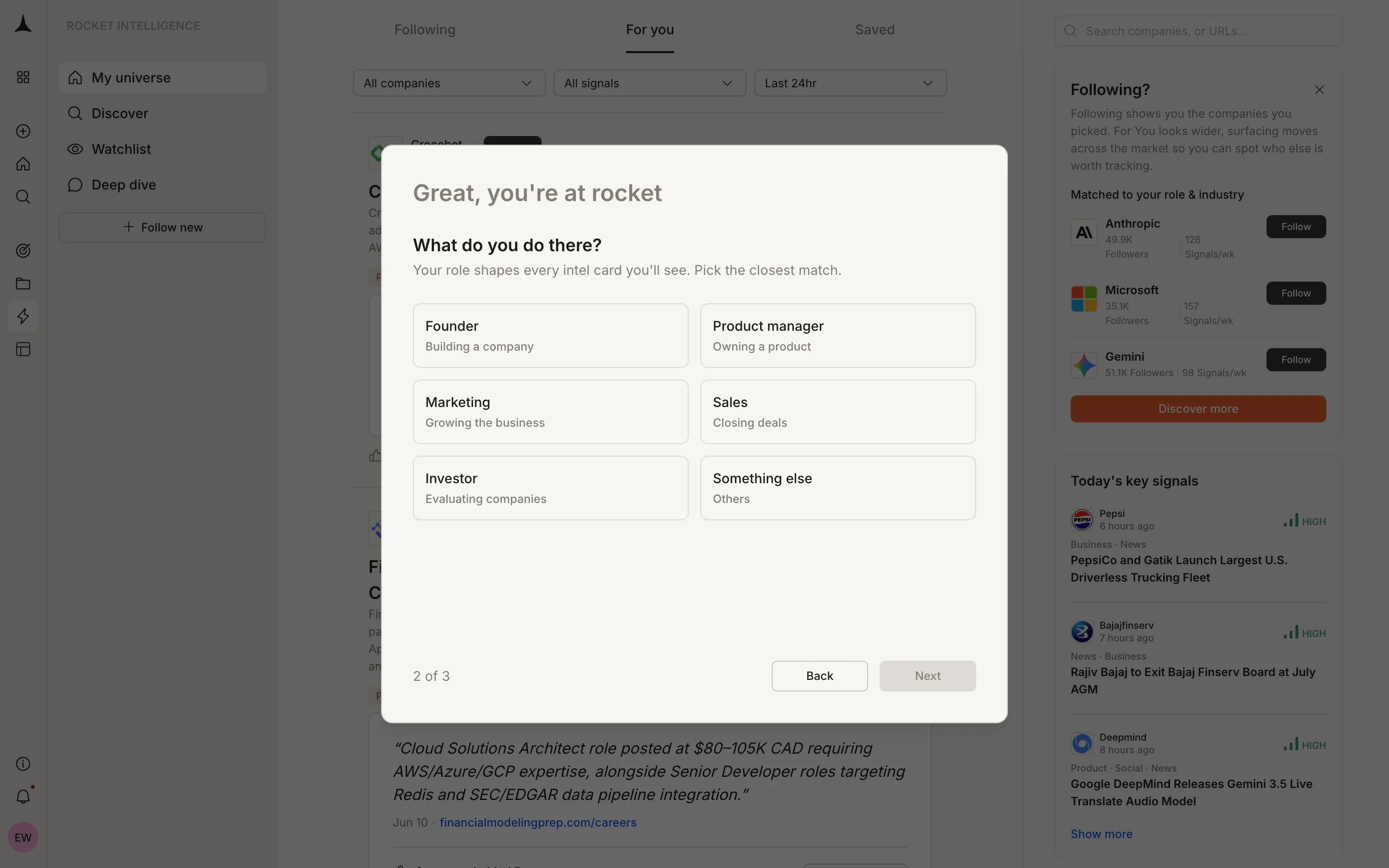 Role selection screen with Founder, Product manager, Marketing, Sales, Investor, and Something else options