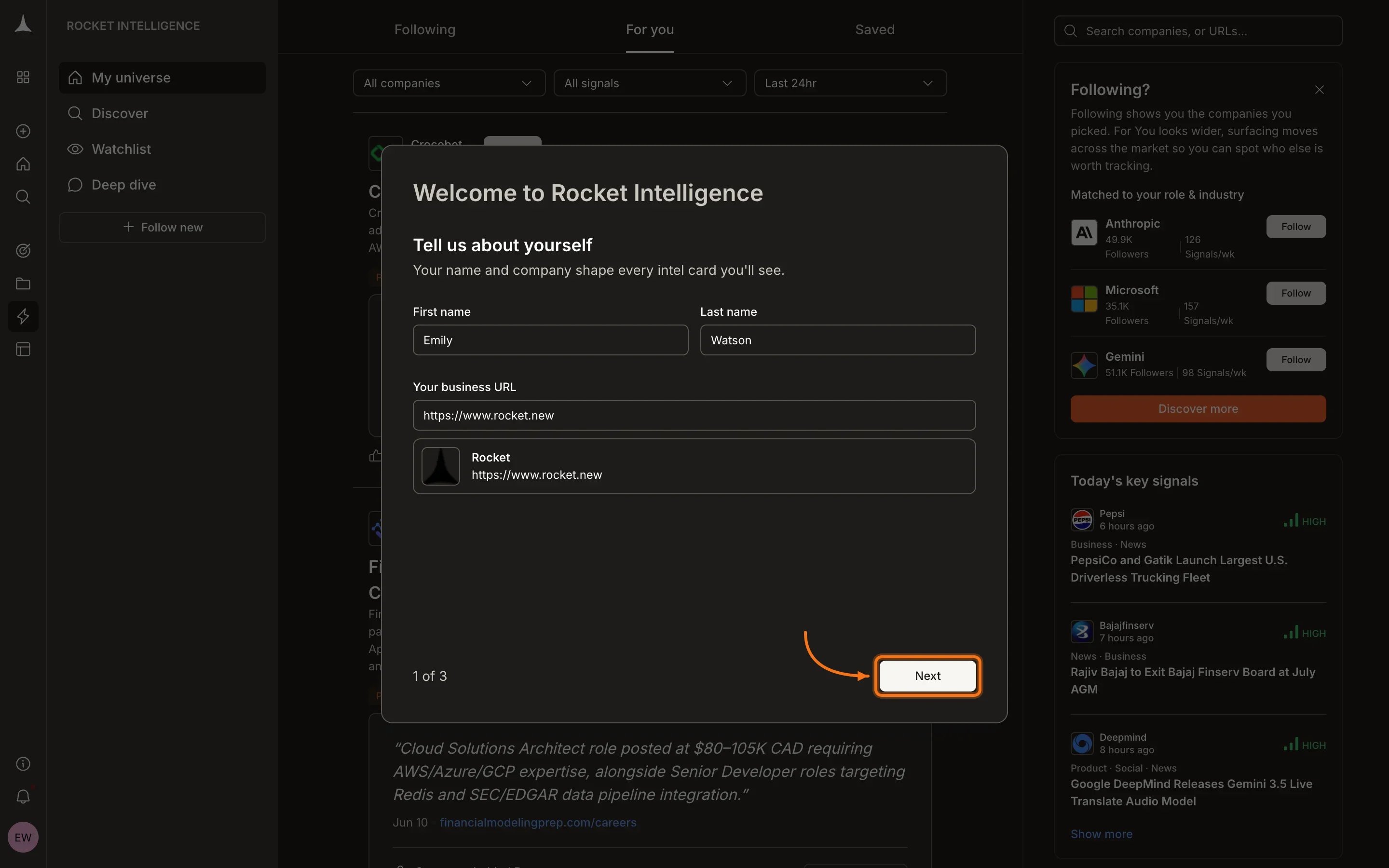 Welcome to Rocket Intelligence modal asking for name and business URL