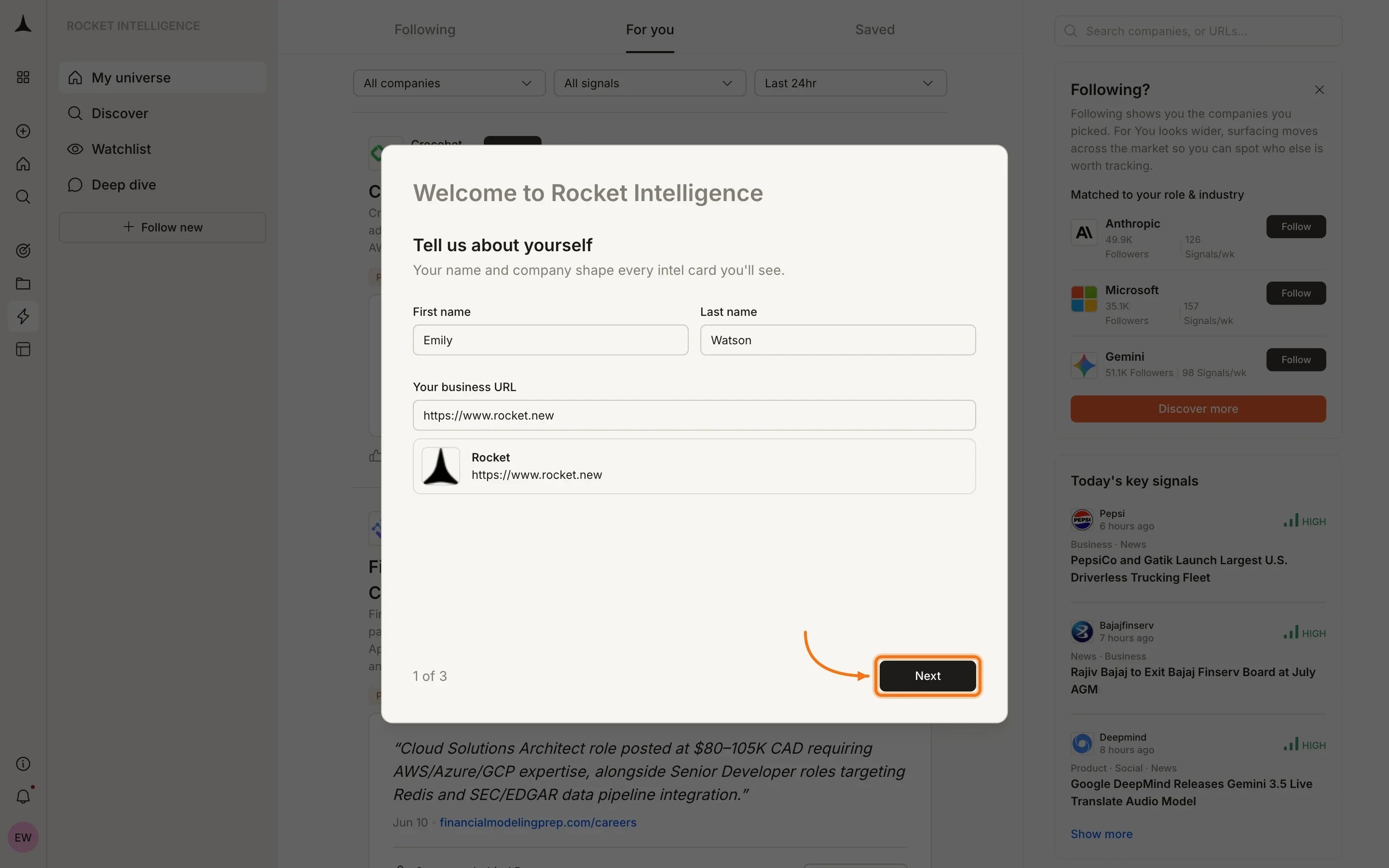 Welcome to Rocket Intelligence modal asking for name and business URL
