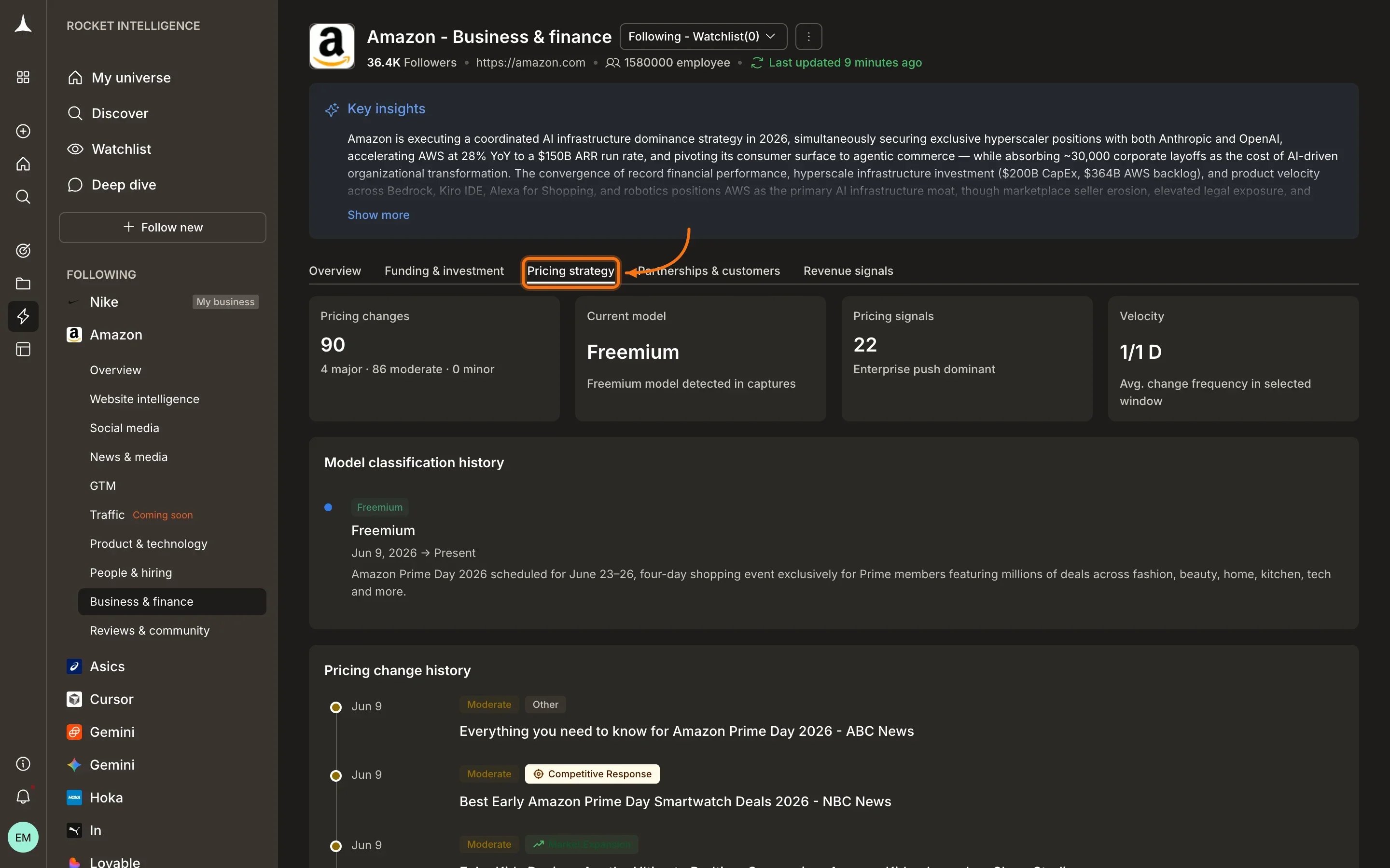 Business & Finance Pricing strategy tab showing pricing changes, model classification, and change history timeline