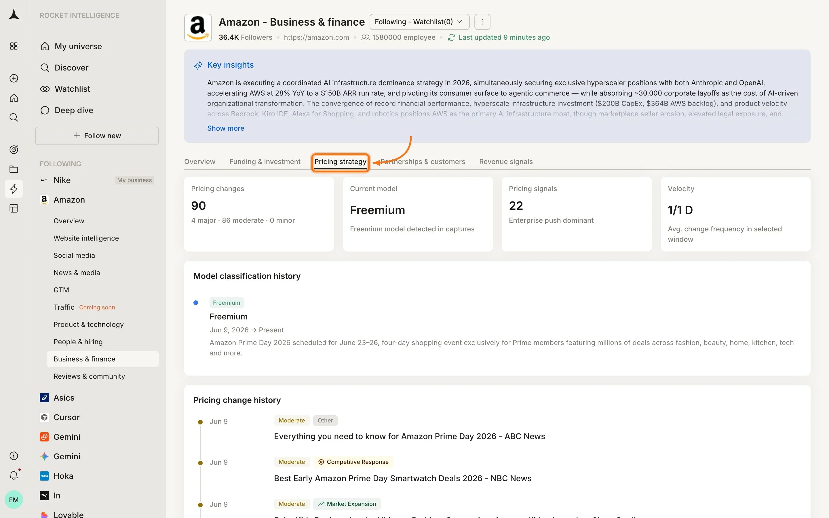 Business & Finance Pricing strategy tab showing pricing changes, model classification, and change history timeline