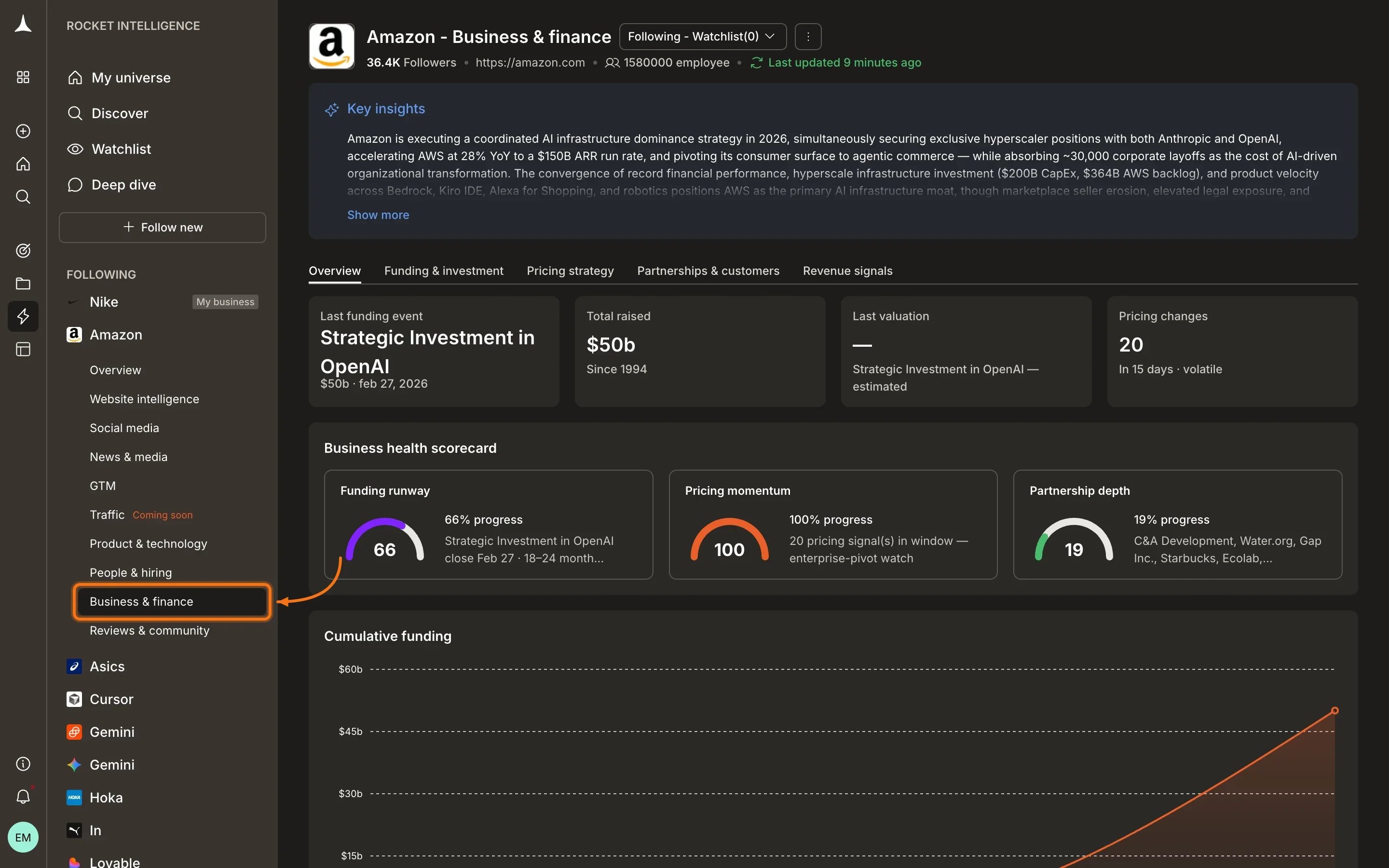 Business and Finance pillar overview showing funding status, pricing model classification, partnership activity, and revenue signals