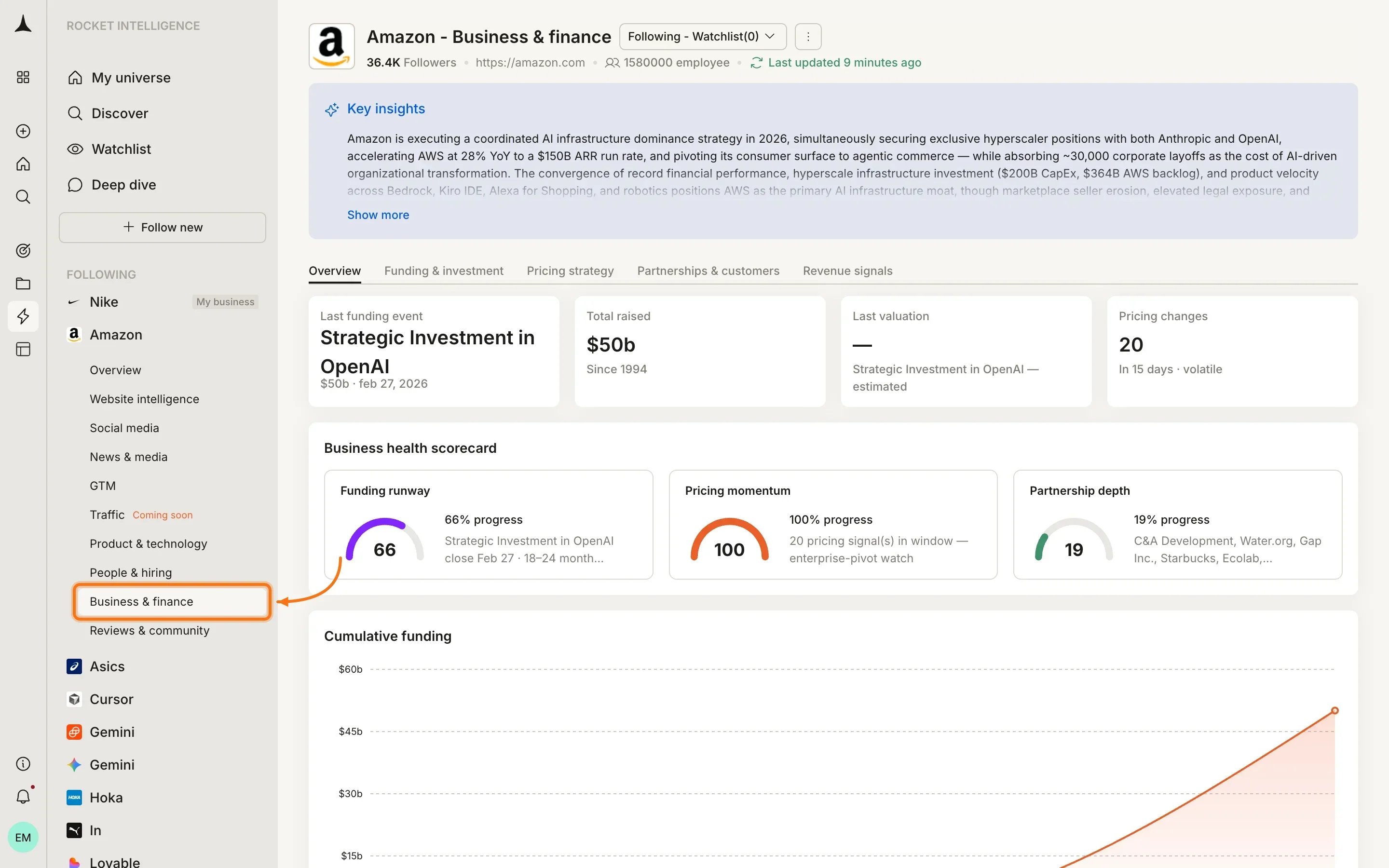 Business and Finance pillar overview showing funding status, pricing model classification, partnership activity, and revenue signals