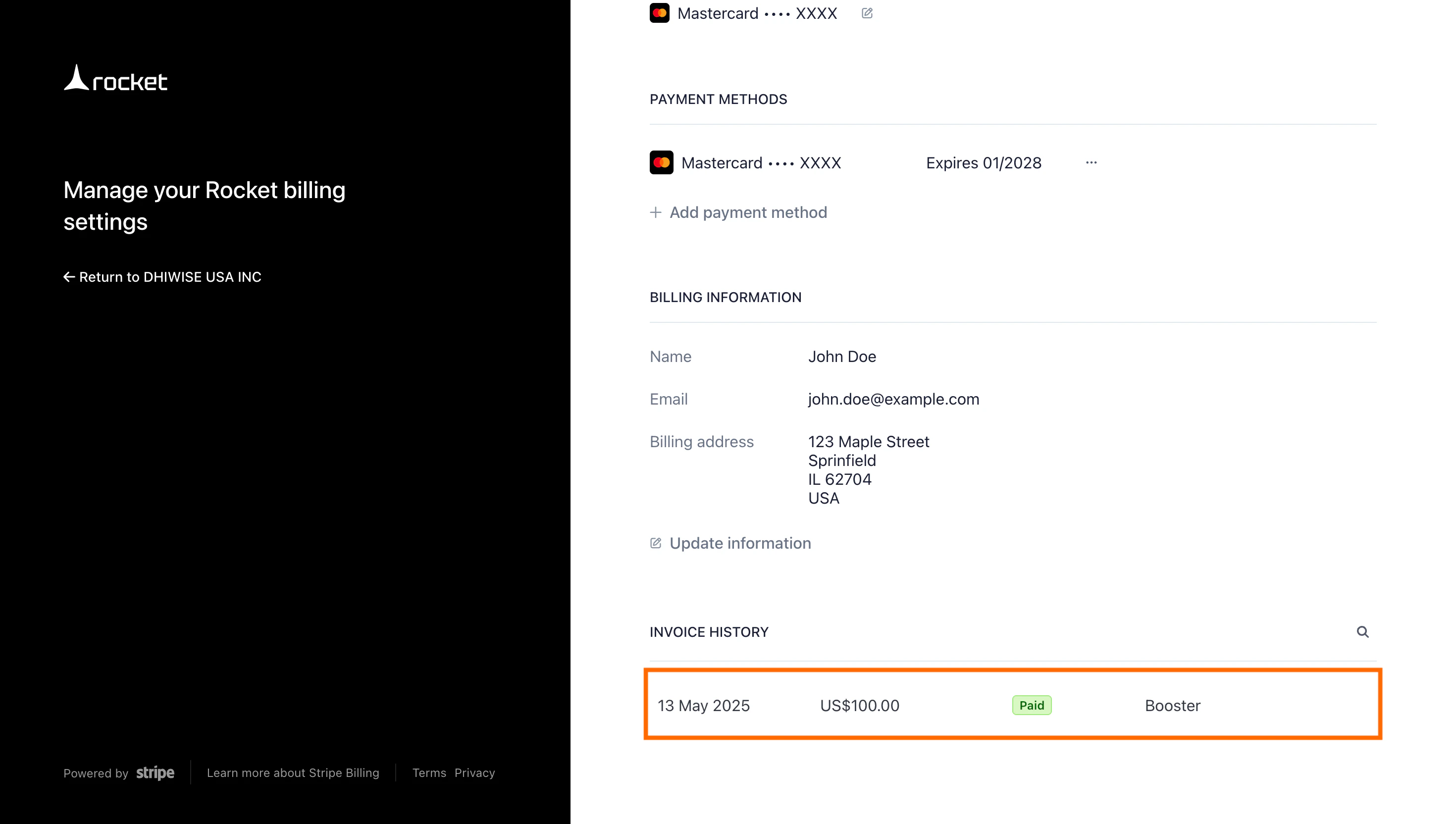 List of previous invoices showing plan name and dates.