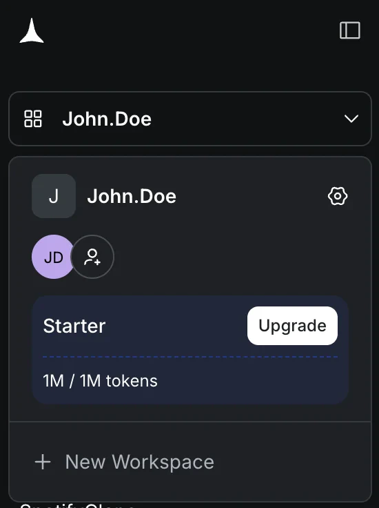 Upgrade button next to the plan badge in the sidebar.