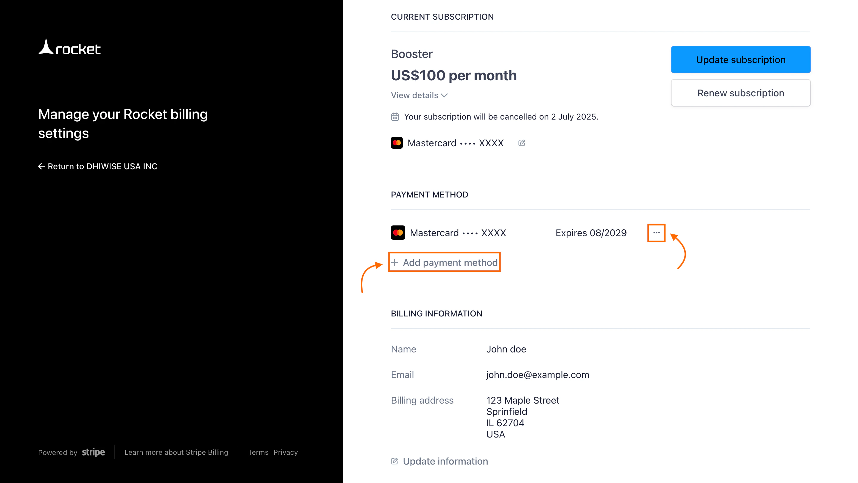Saved payment methods listed in manage subscription view.