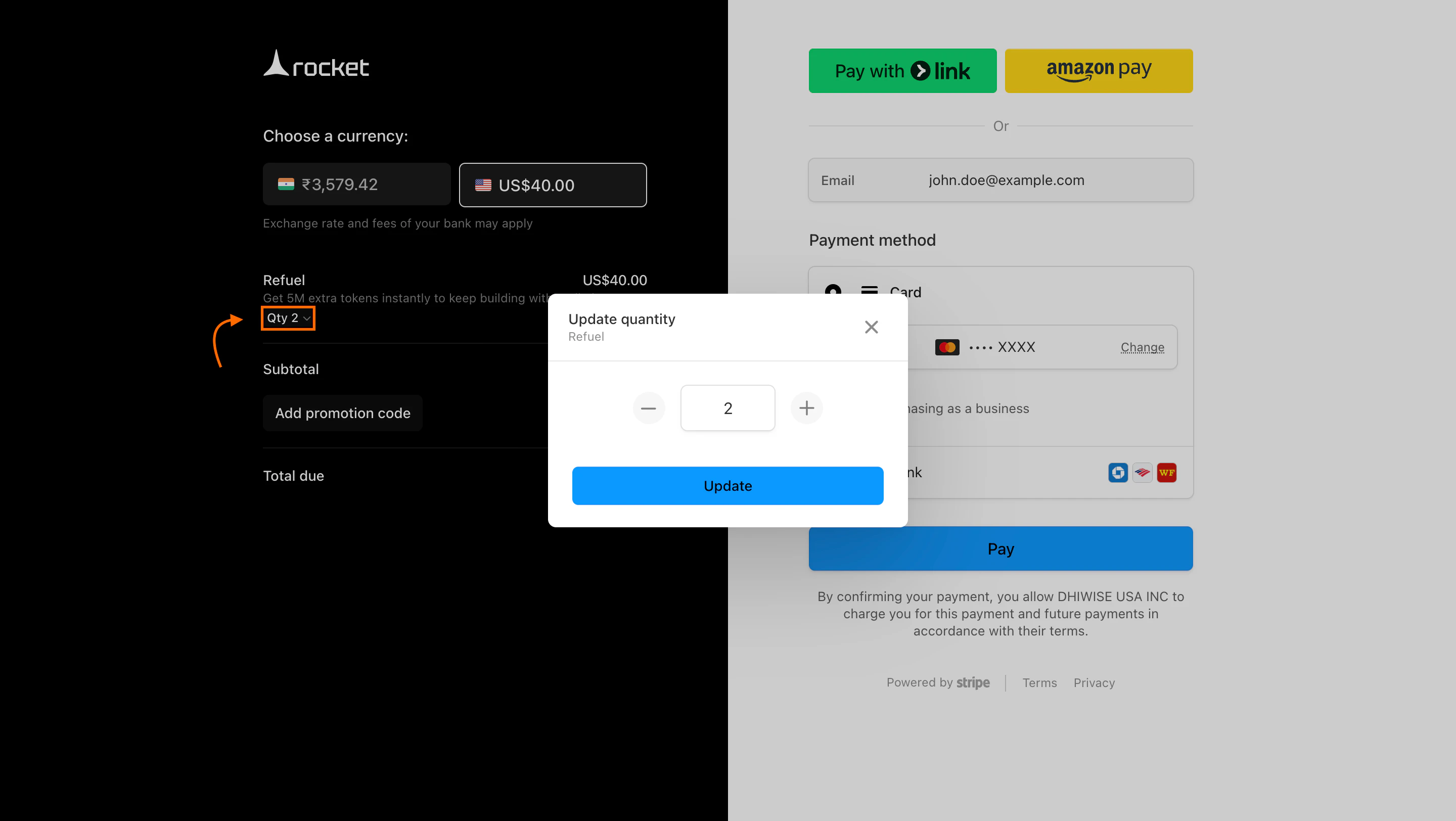 Checkout screen with quantity selection for adding credits.