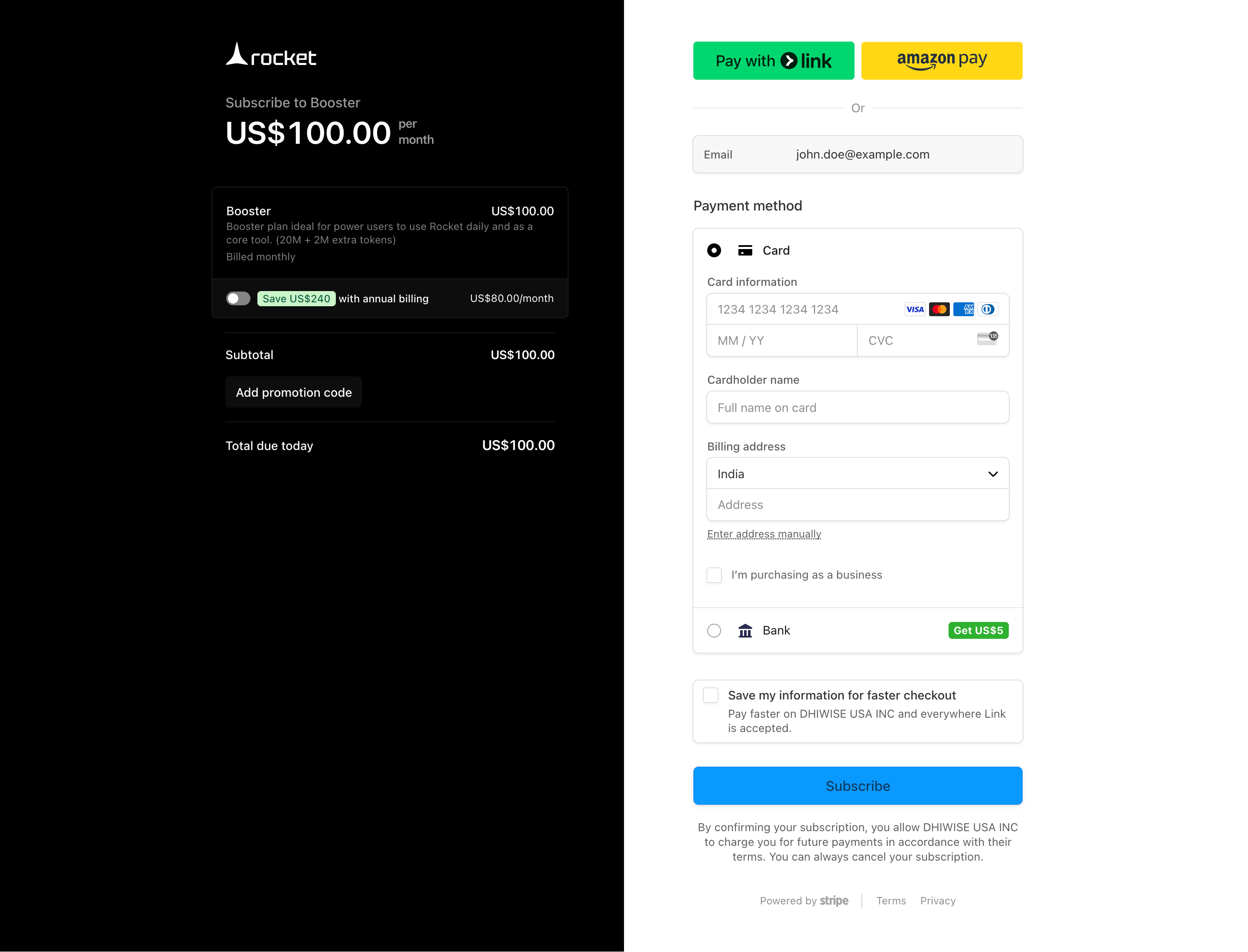 Checkout form to complete subscription with payment details.
